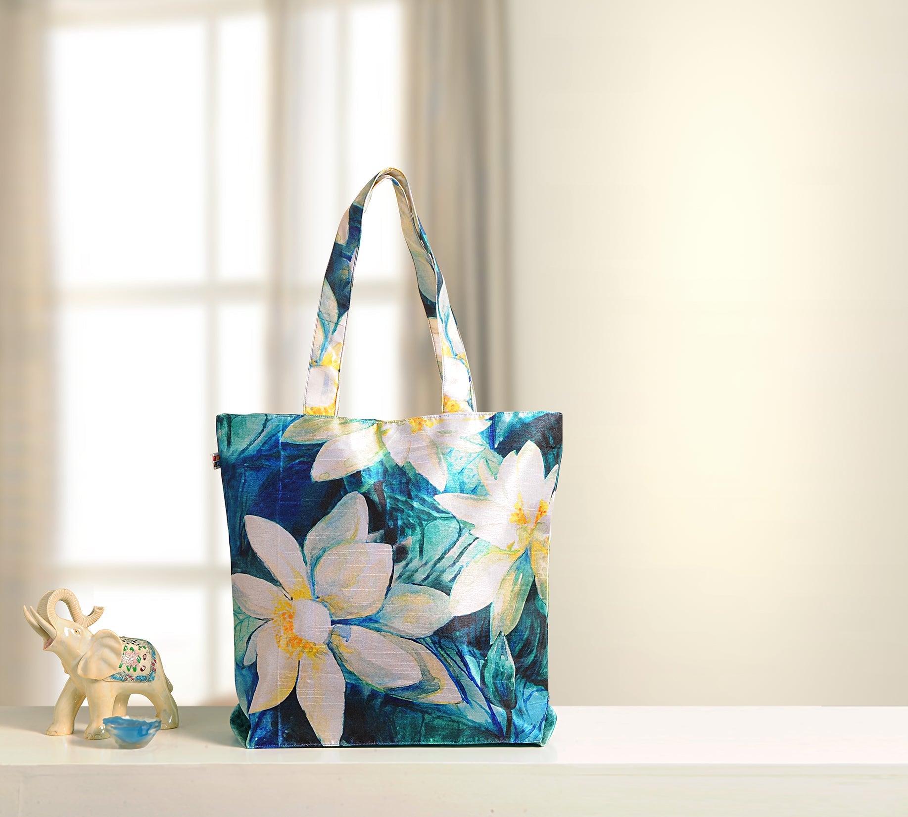 Botanical Lotus Bloom - Floral Printed Tote Bag in Soft Aqua and Yellow Accents
