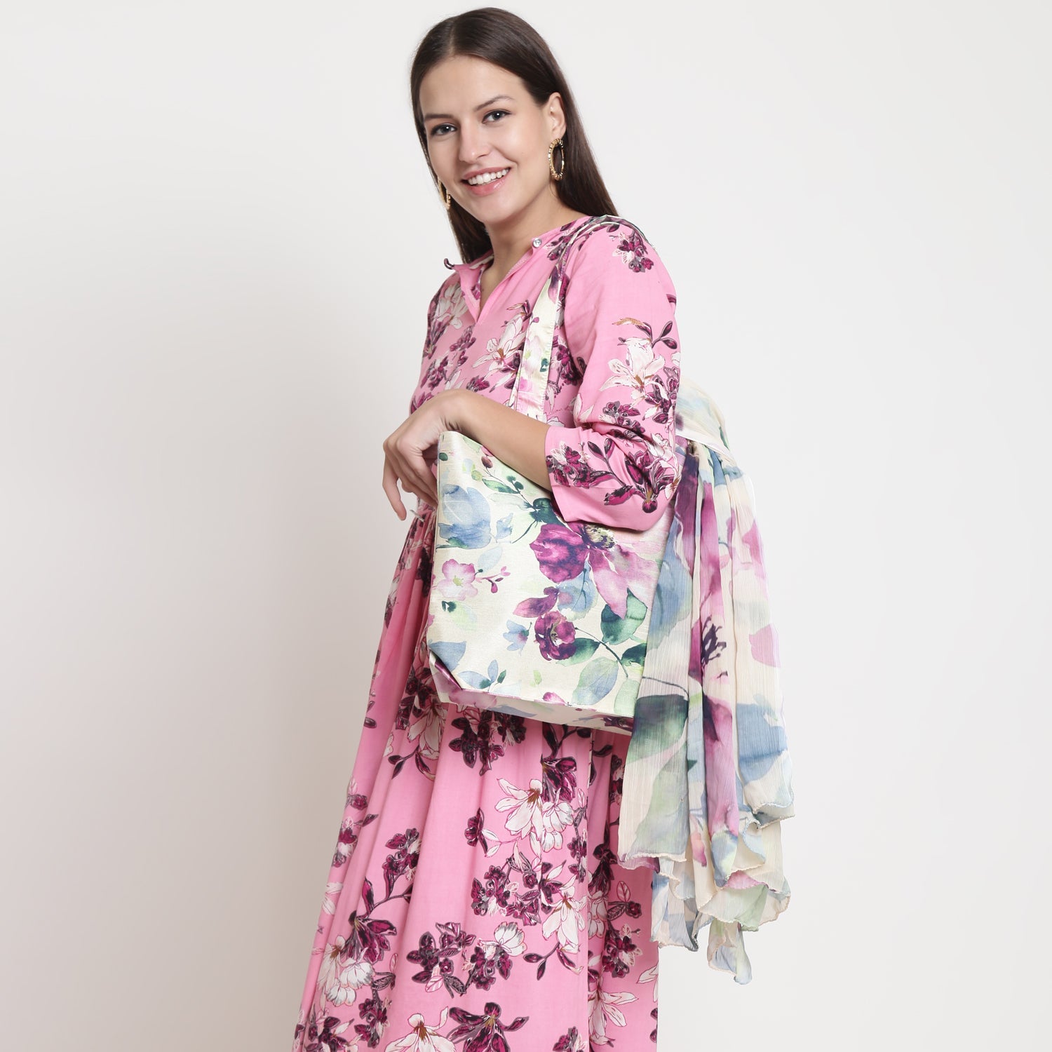 Bloom & Carry - White Floral Tote Bag with Matching Scarf