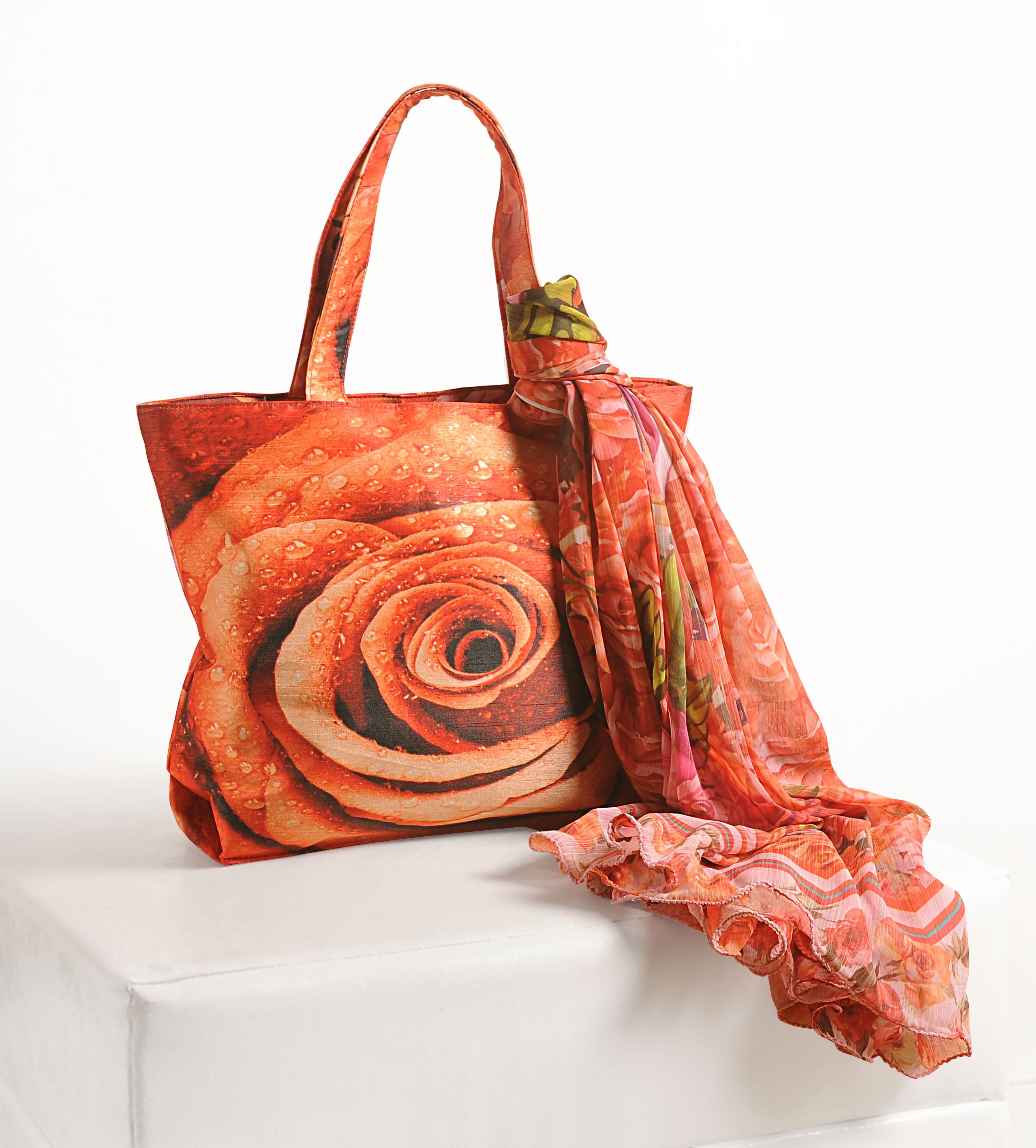 Romantic Rose Bloom - Digitally Printed Floral Tote Bag with Coordinated Scarf