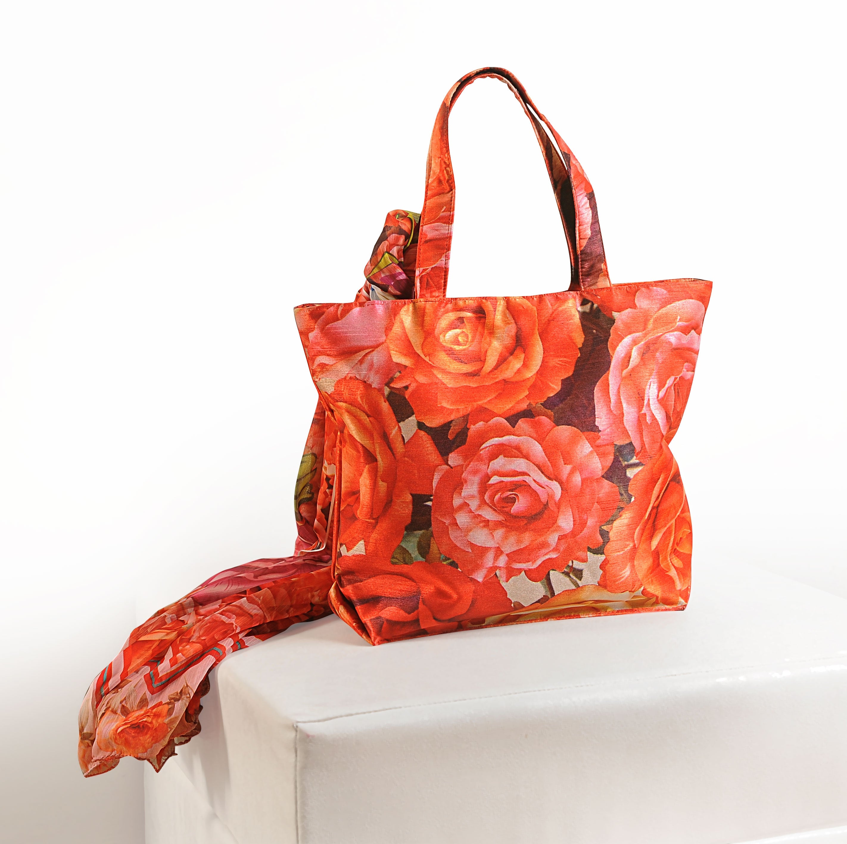 Romantic Rose Bloom - Digitally Printed Floral Tote Bag with Coordinated Scarf