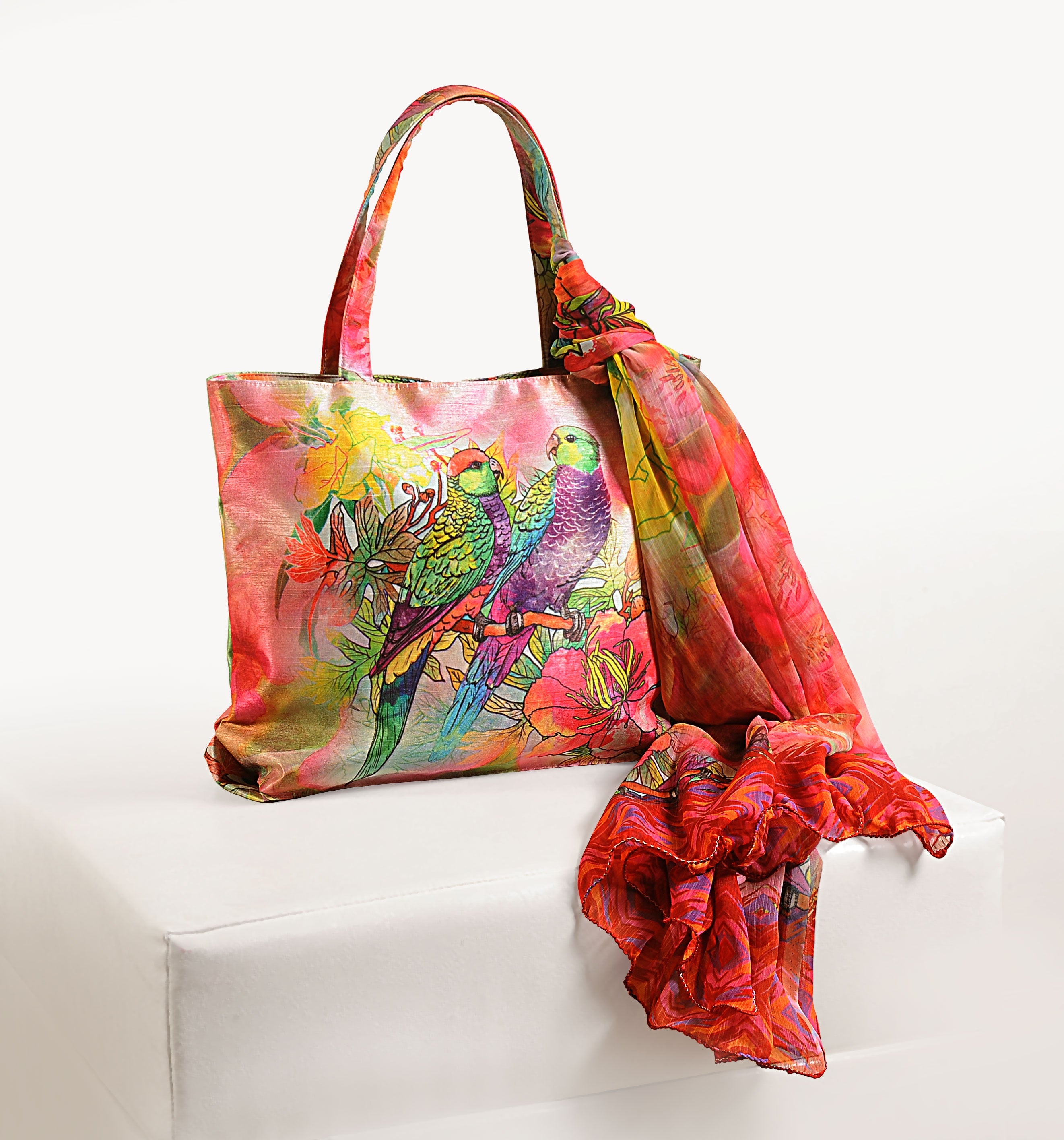Floral Parrot Print Fashion Tote Bag with Matching Scarf