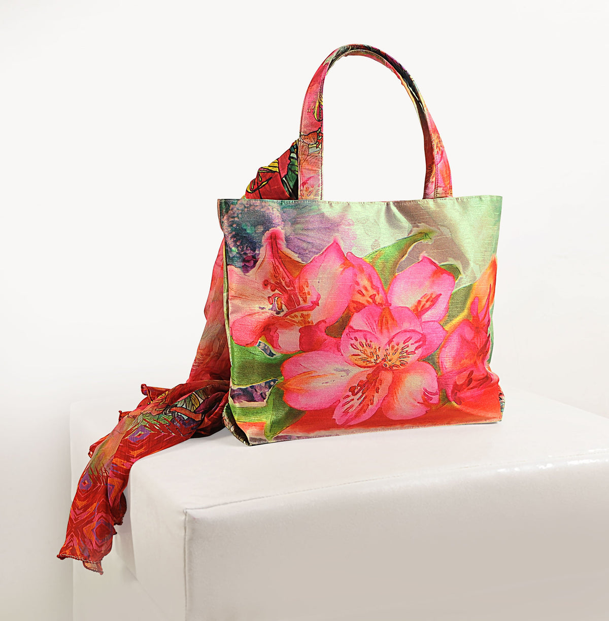 Floral Parrot Print Fashion Tote Bag with Matching Scarf