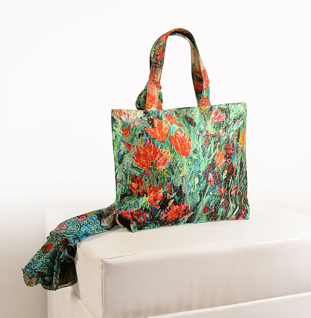 Tropical Bloom Tote - Vibrant Floral Bag with Designer Scarf