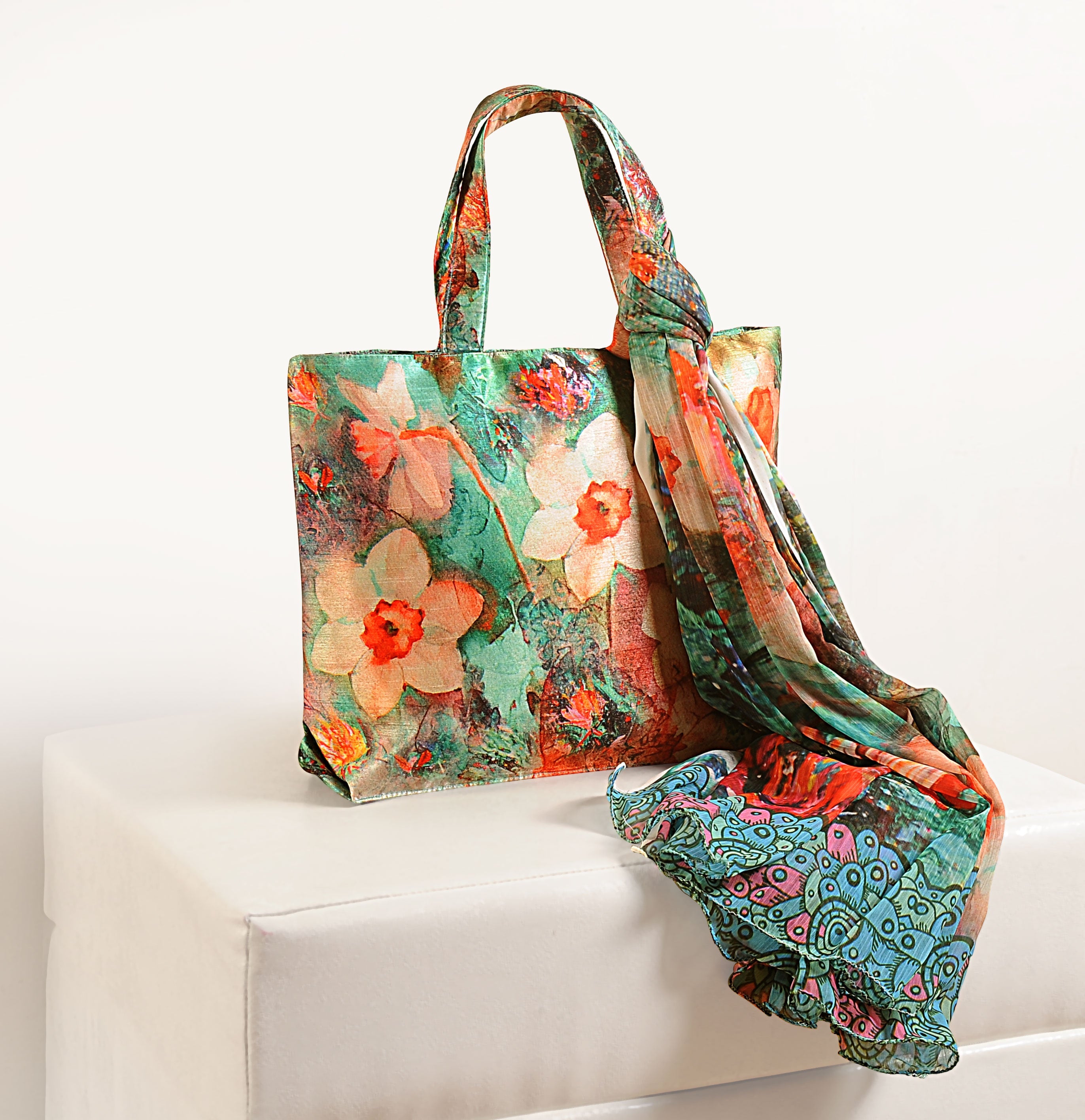 Tropical Bloom Tote - Vibrant Floral Bag with Designer Scarf
