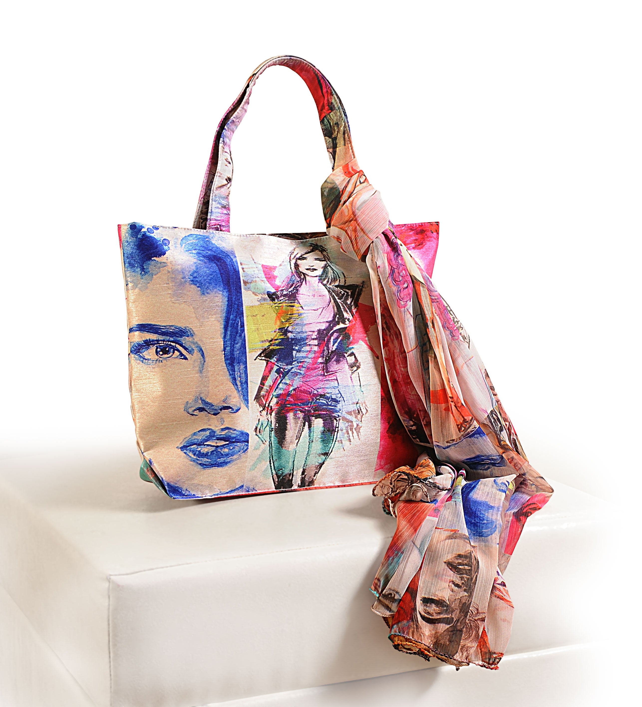 Urban Chic Canvas Tote - Bold Fashion Sketch Bag with Scarf