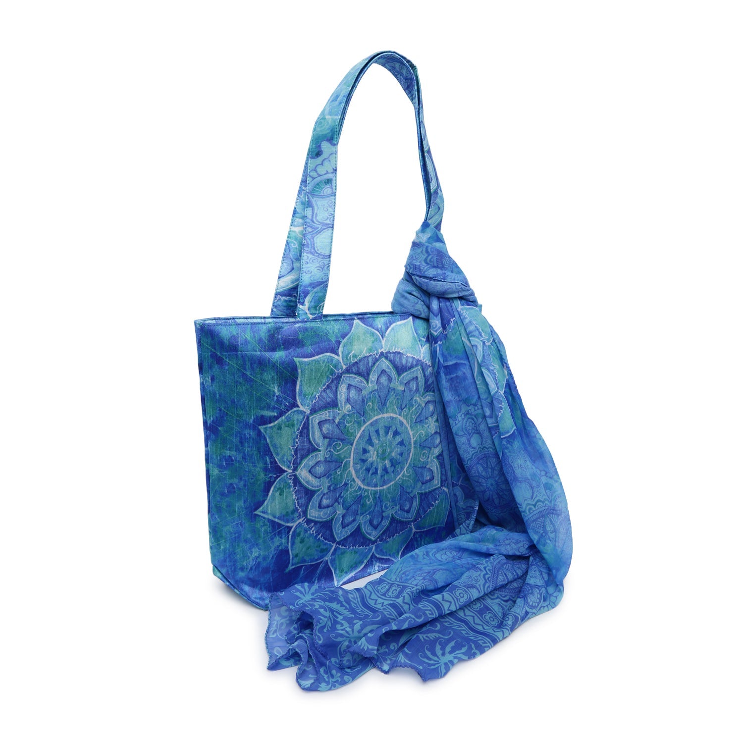 Mystic Mandala Tote - Aqua Blue Canvas Bag with Matching Scarf