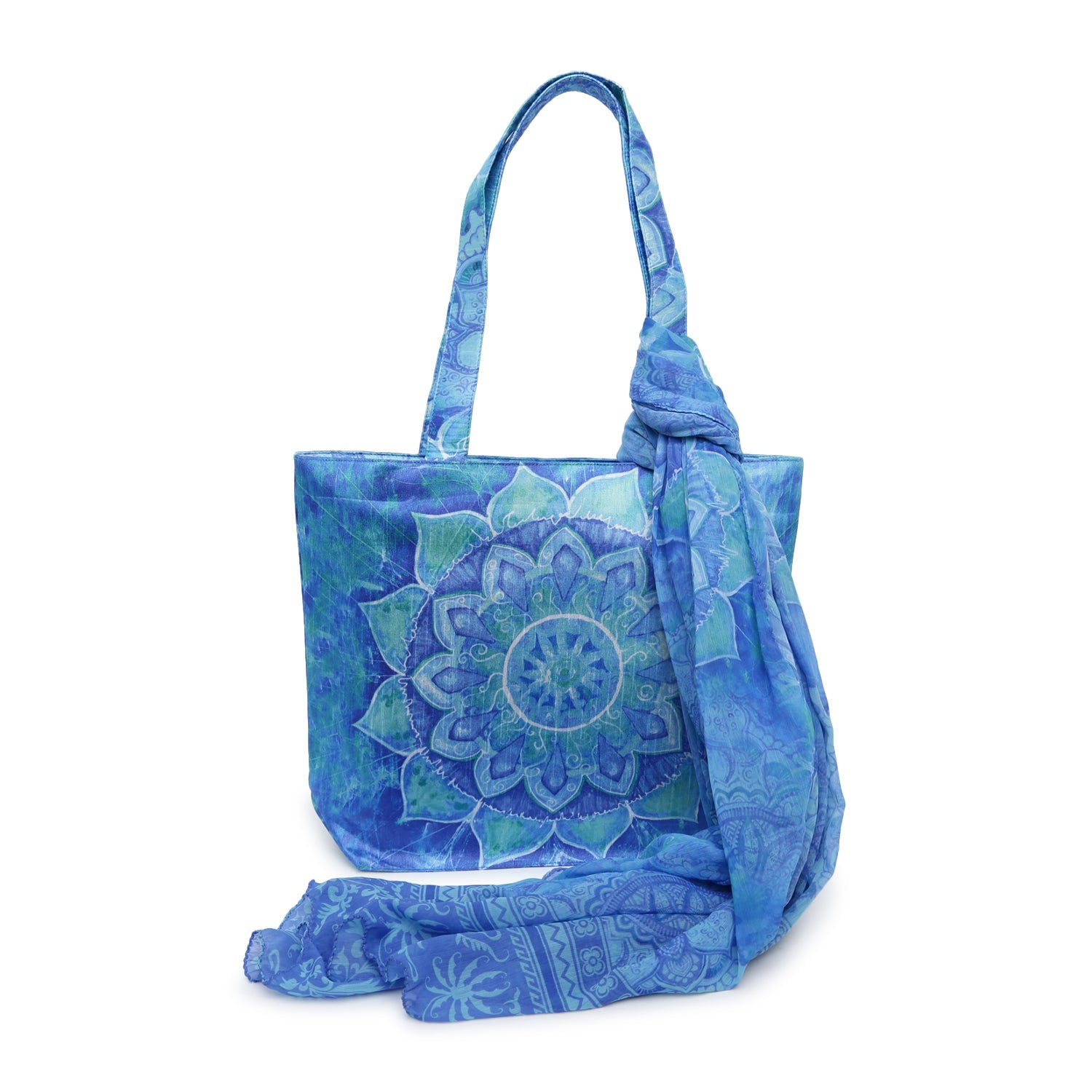 Mystic Mandala Tote - Aqua Blue Canvas Bag with Matching Scarf