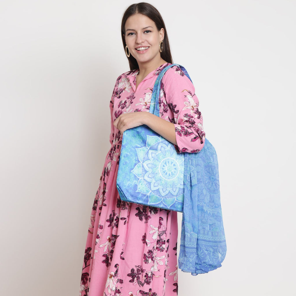 Mystic Mandala Tote - Aqua Blue Canvas Bag with Matching Scarf