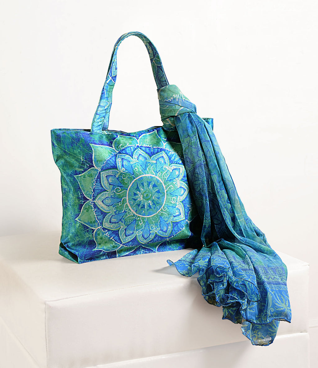 Mystic Mandala Tote - Aqua Blue Canvas Bag with Matching Scarf