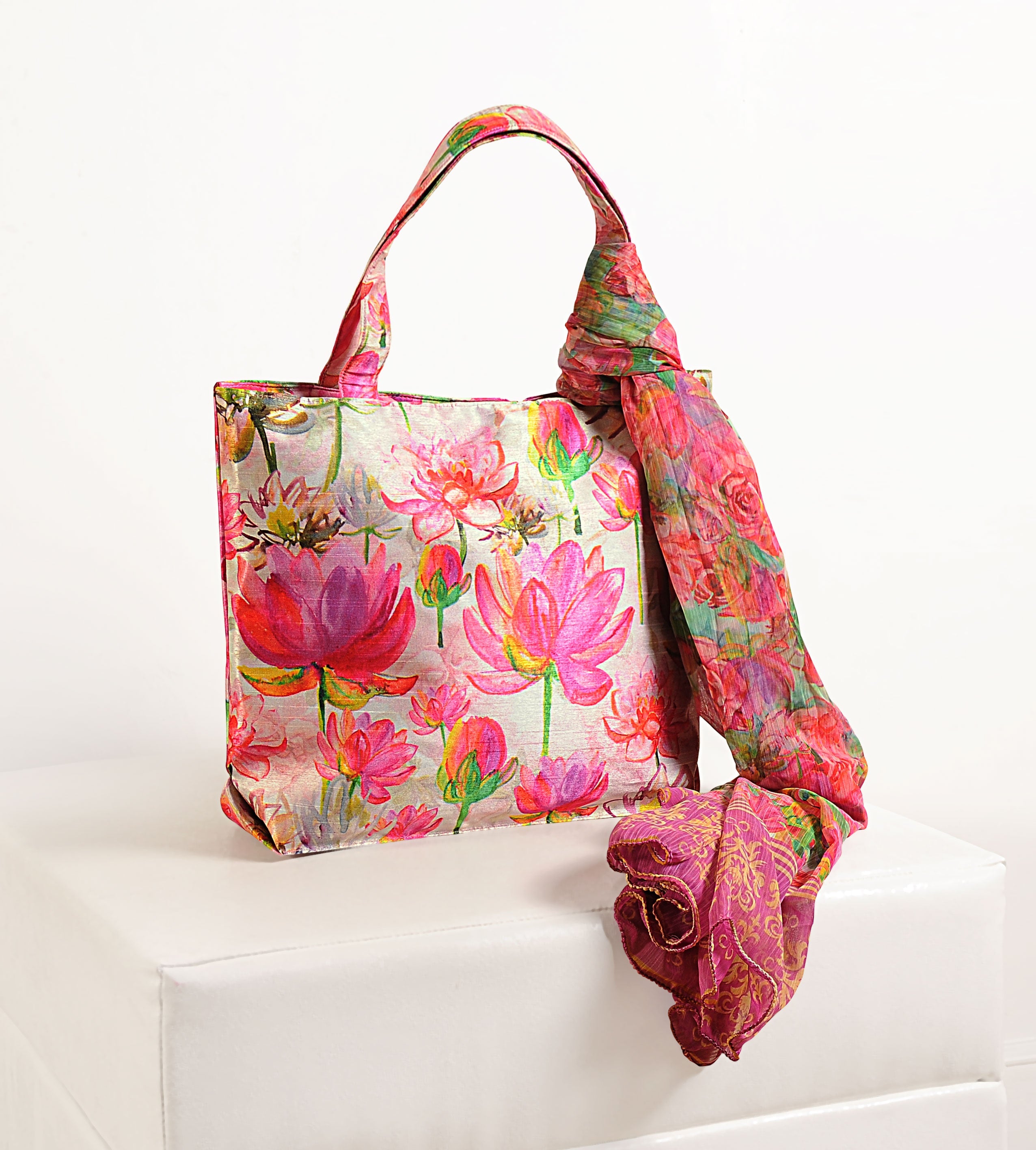 Bloom Whimsy - Pink Lotus & Rose Tote with Floral Wrap