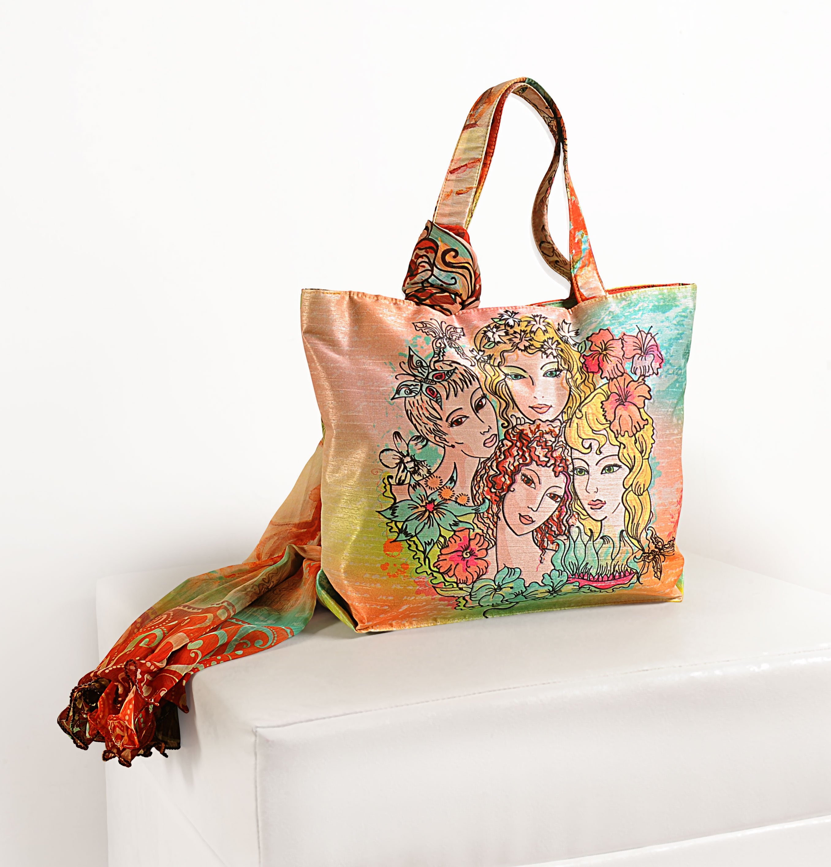 Muse in Bloom - Artistic Faces Tote with Paisley Wrap