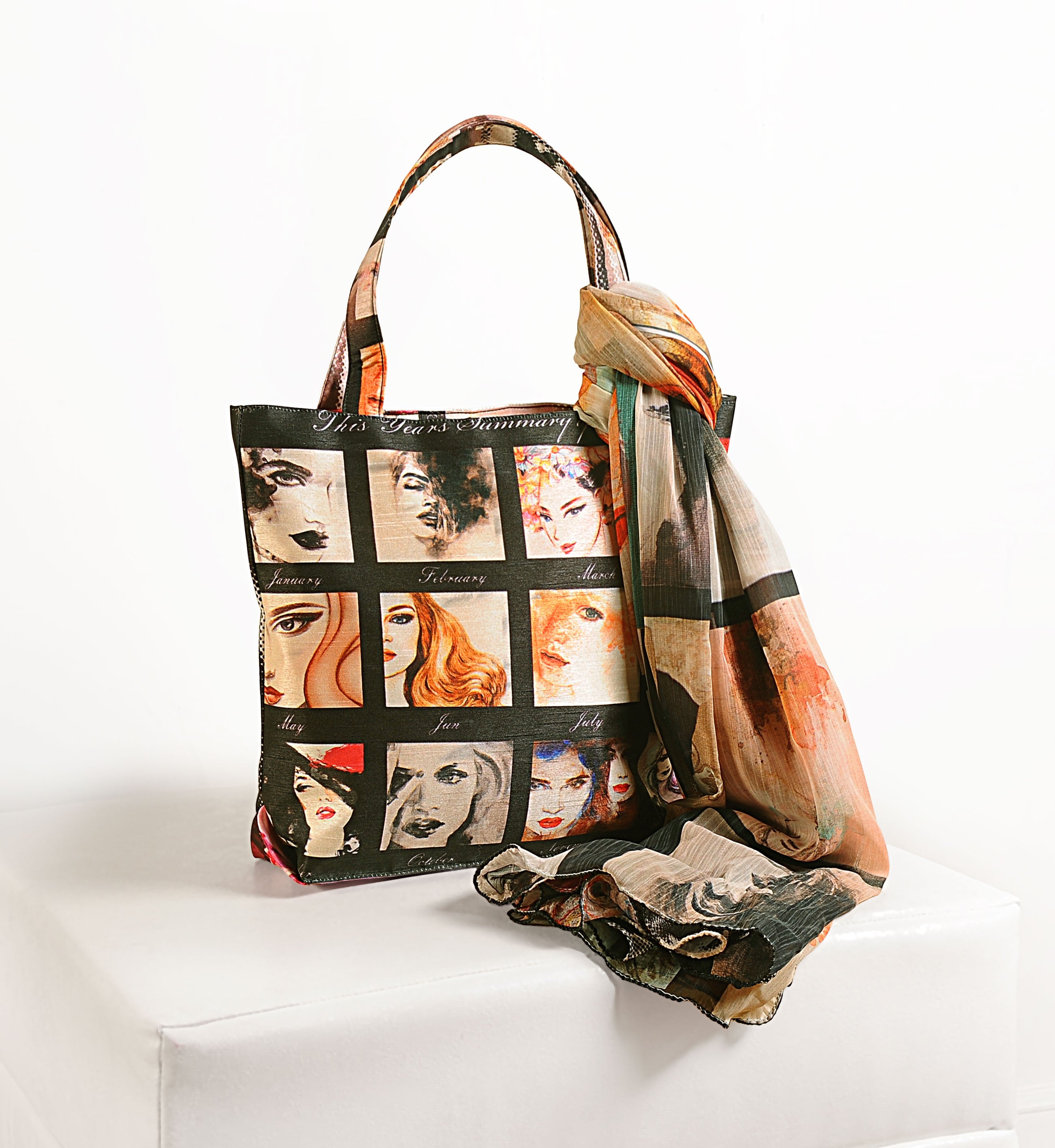 "Retro Glance" Artistic Square-Print Tote Bag with Matching Scarf