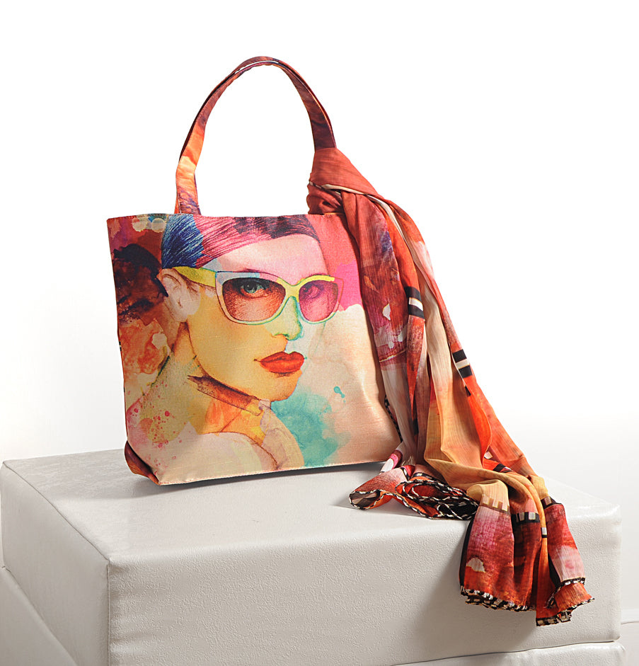 Retro Muse - Pop Art Tote with Scarf Accent