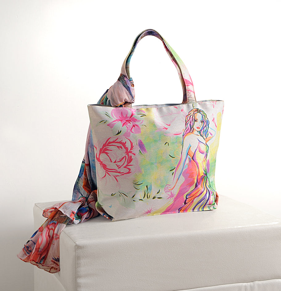 Whimsical Muse - Soft Pastel Shoulder Bag with Artistic Faces & Floral Scarf