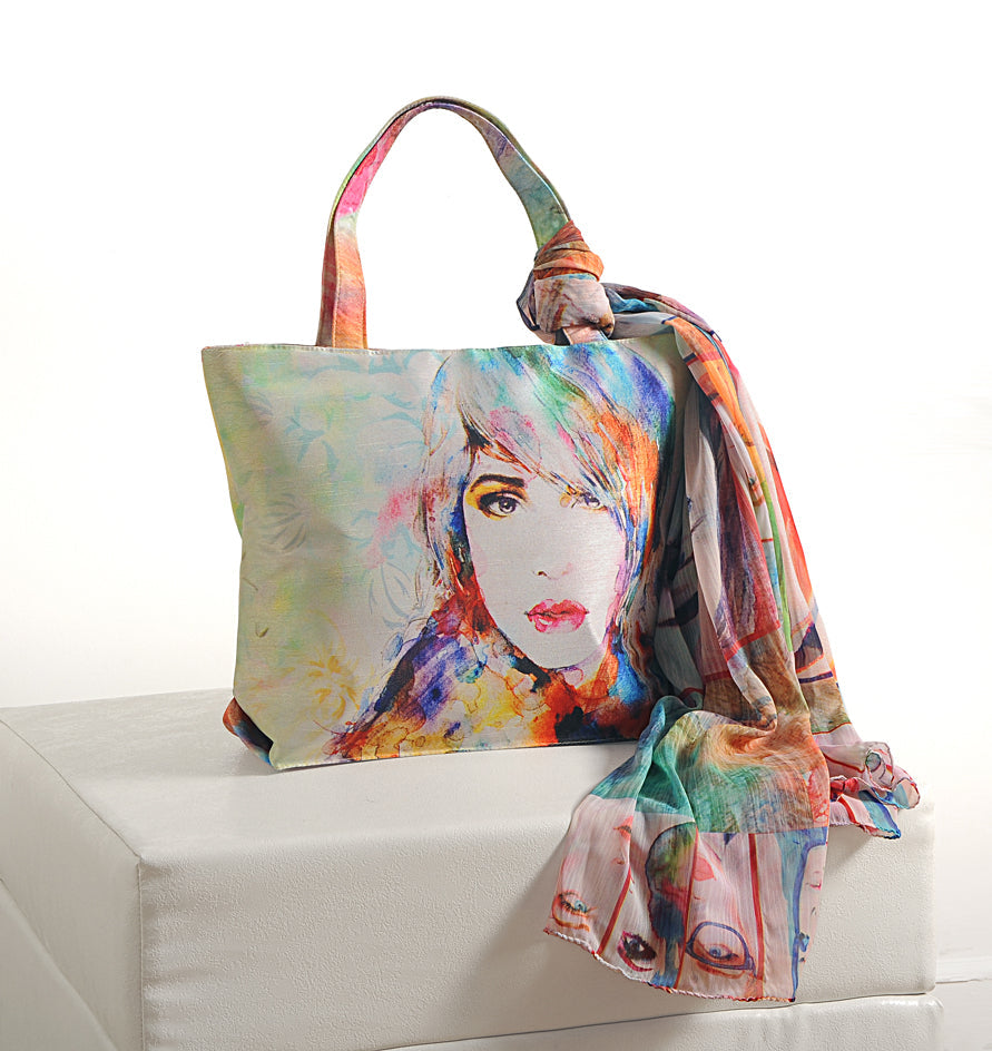 Whimsical Muse - Soft Pastel Shoulder Bag with Artistic Faces & Floral Scarf