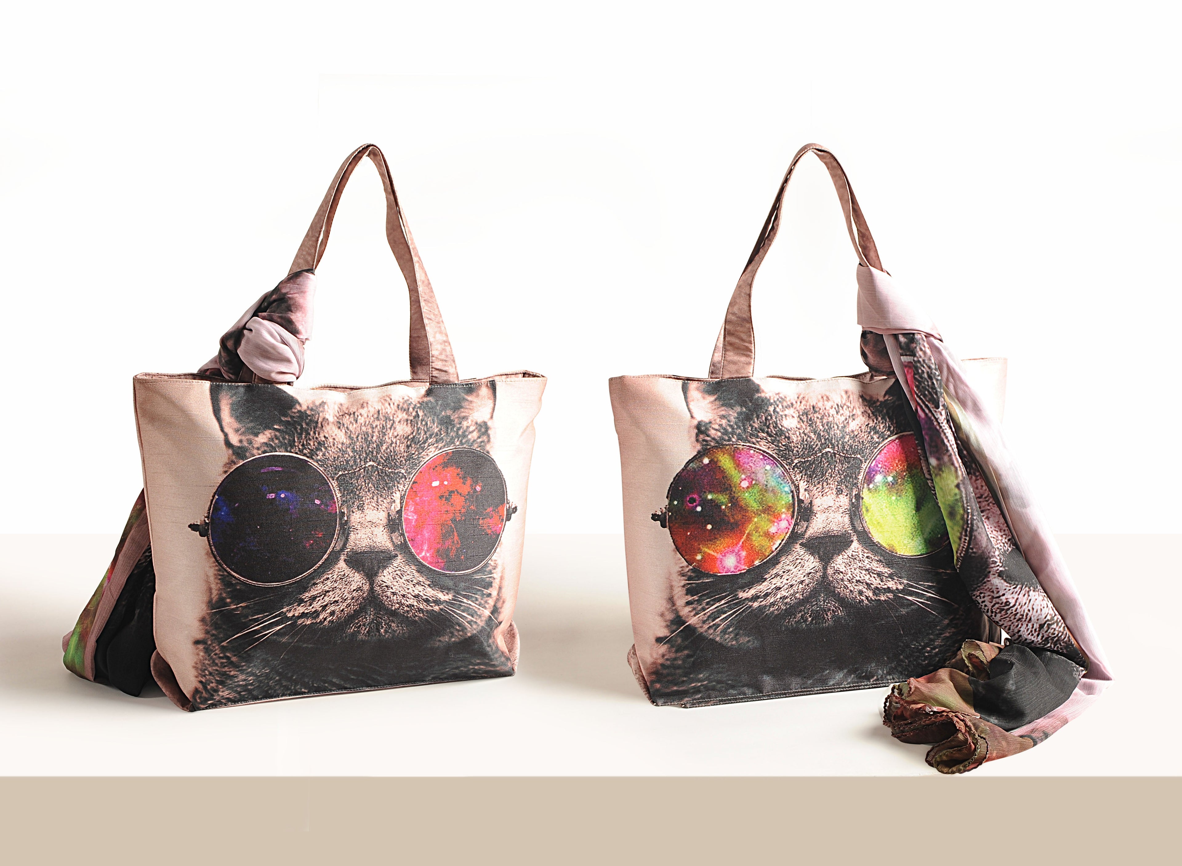 Galactic Whiskers - Digitally Printed Cat-Themed Tote Bag with Abstract Cosmic Design