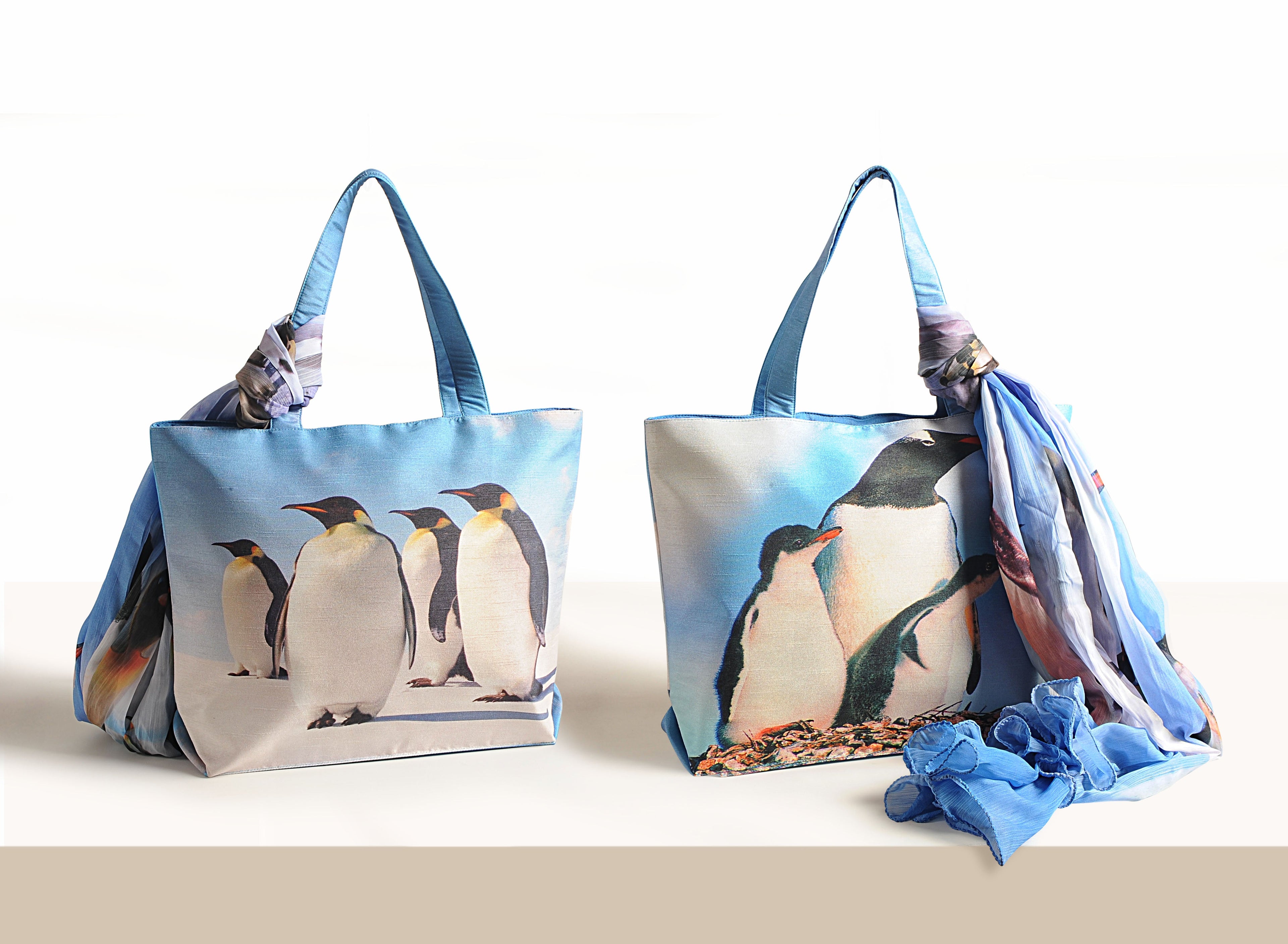 Arctic Companions - Penguin Family Tote with Blue Ombre Wrap