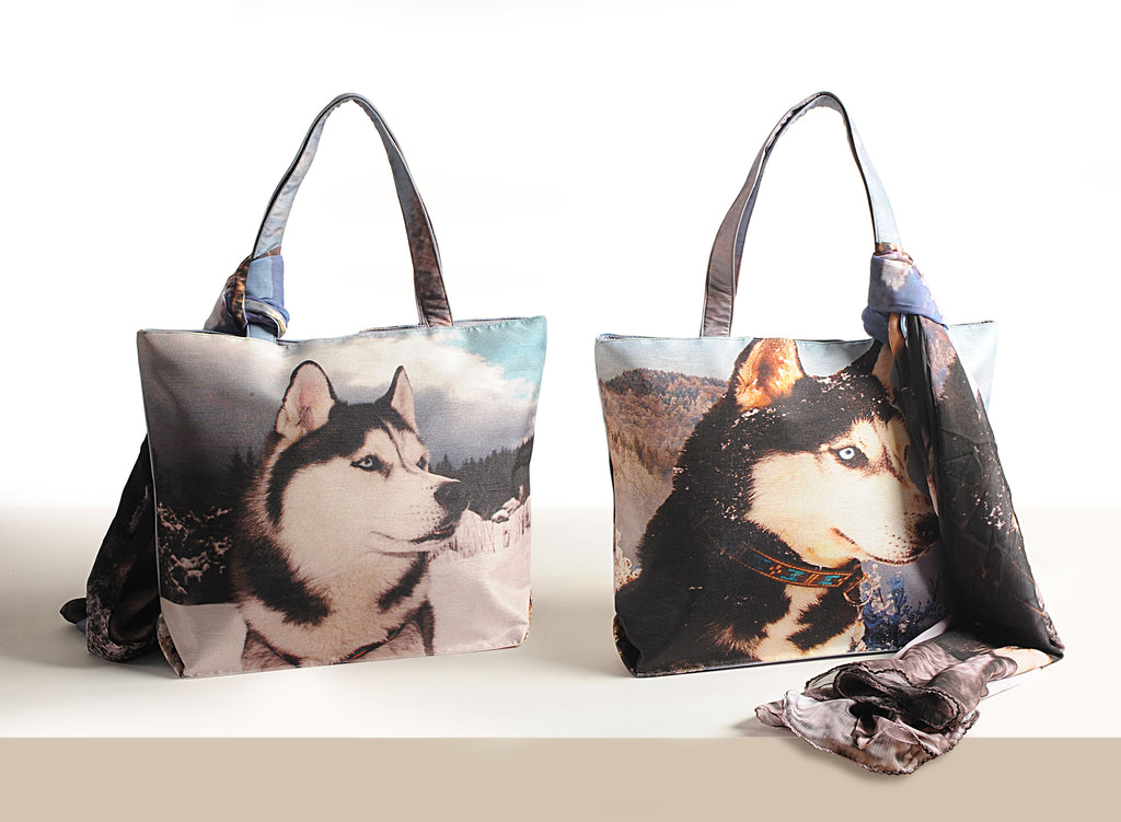 Northern Gaze - Husky Portrait Tote with Mountain Sky Scarf