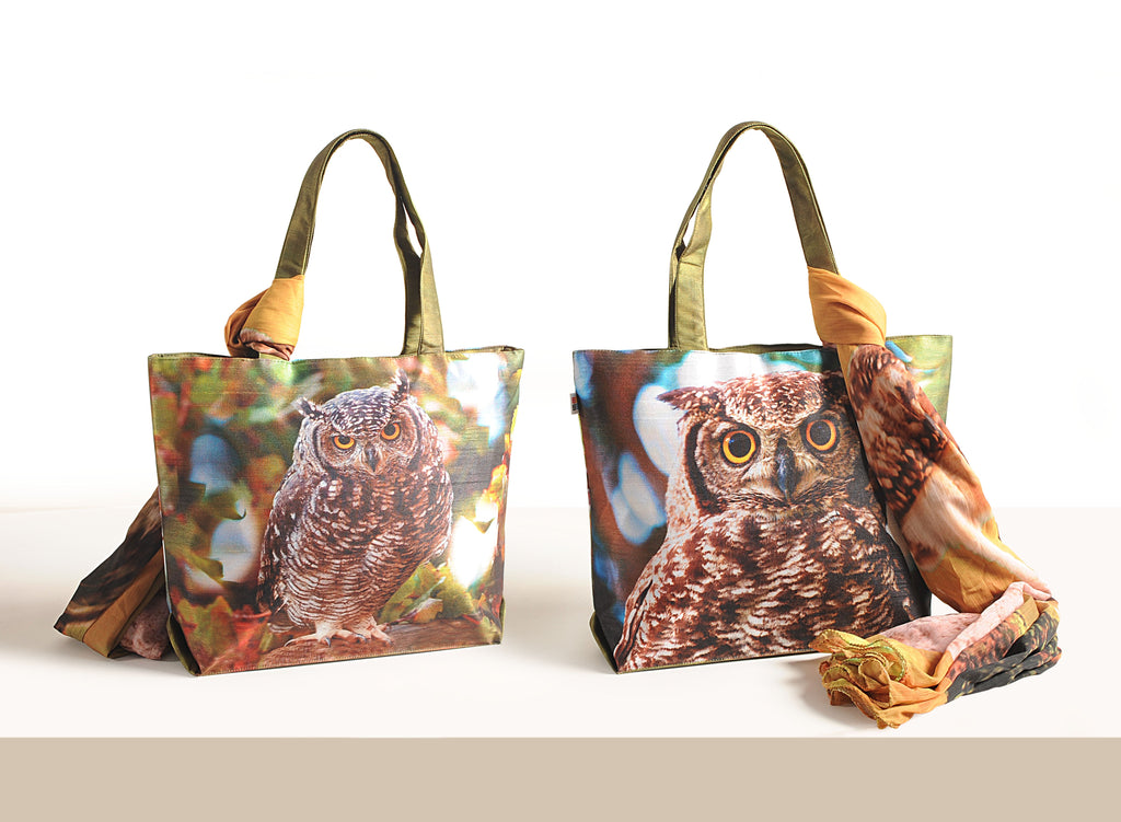 Night Watcher - Owl Portrait Tote with Forest-Hued Wrap