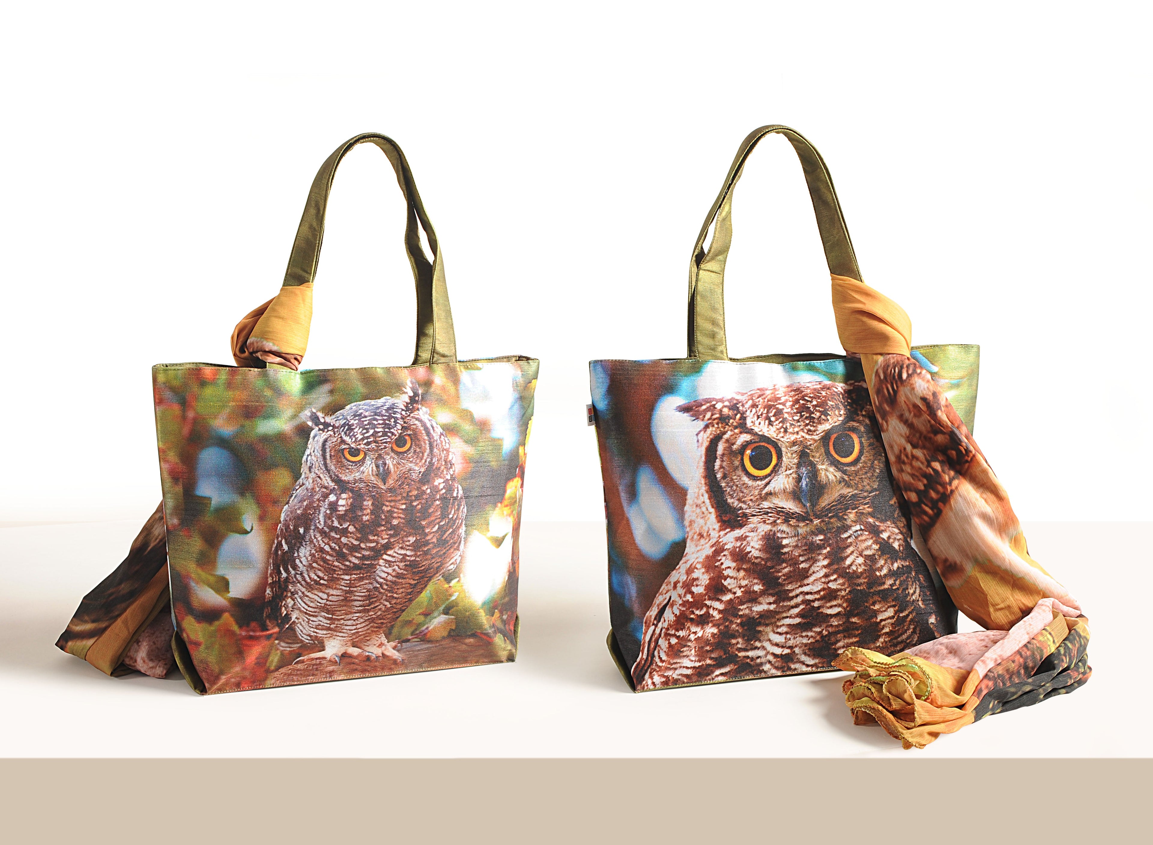 Night Watcher - Owl Portrait Tote with Forest-Hued Wrap
