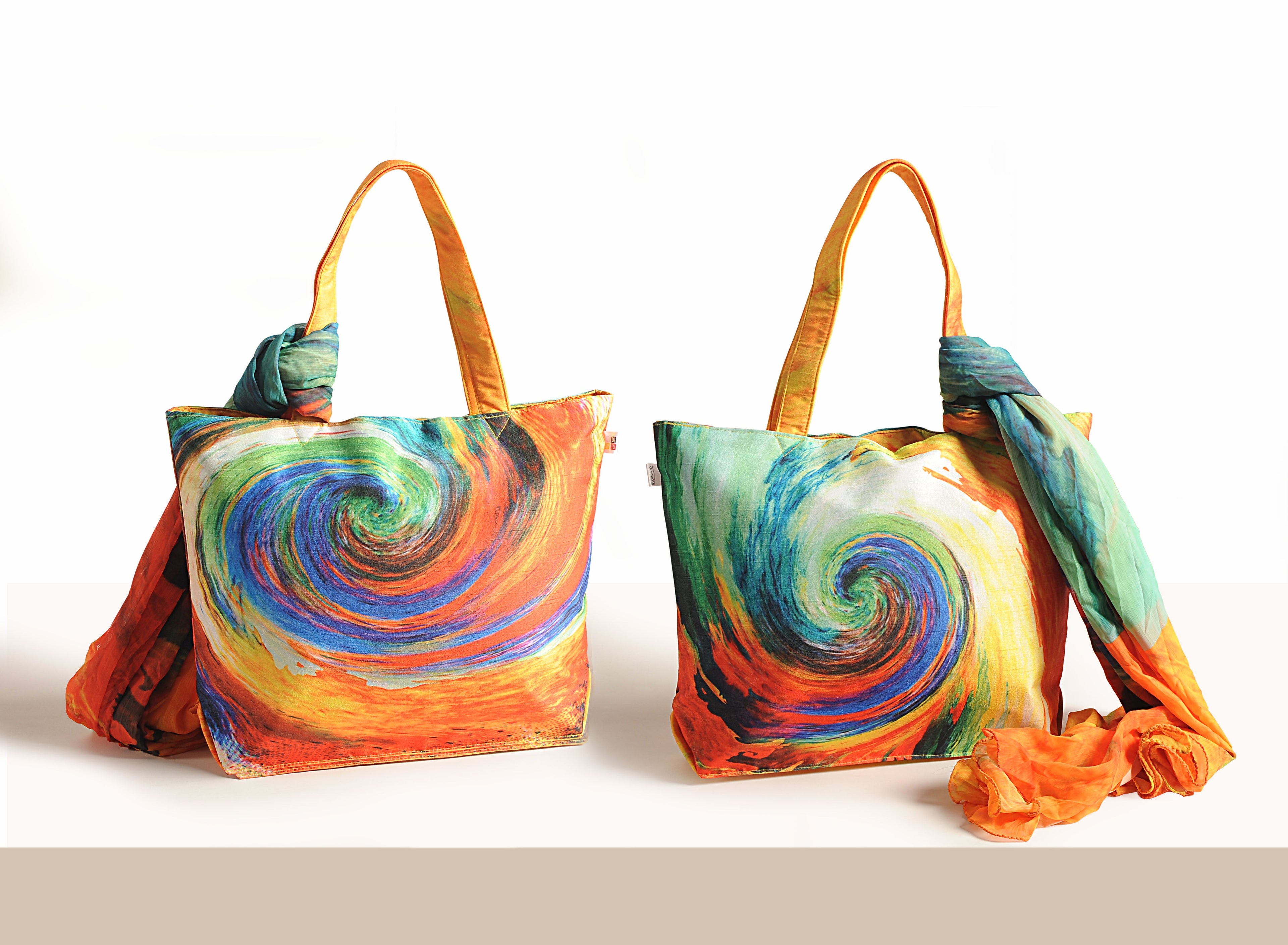 ColorRush Craze - Swirling Abstract Tote with Flowing Scarf