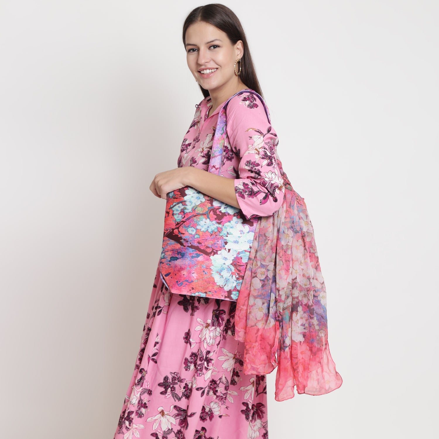 Petal Poetry - Blush Pink Floral Tote with Flowing Scarf