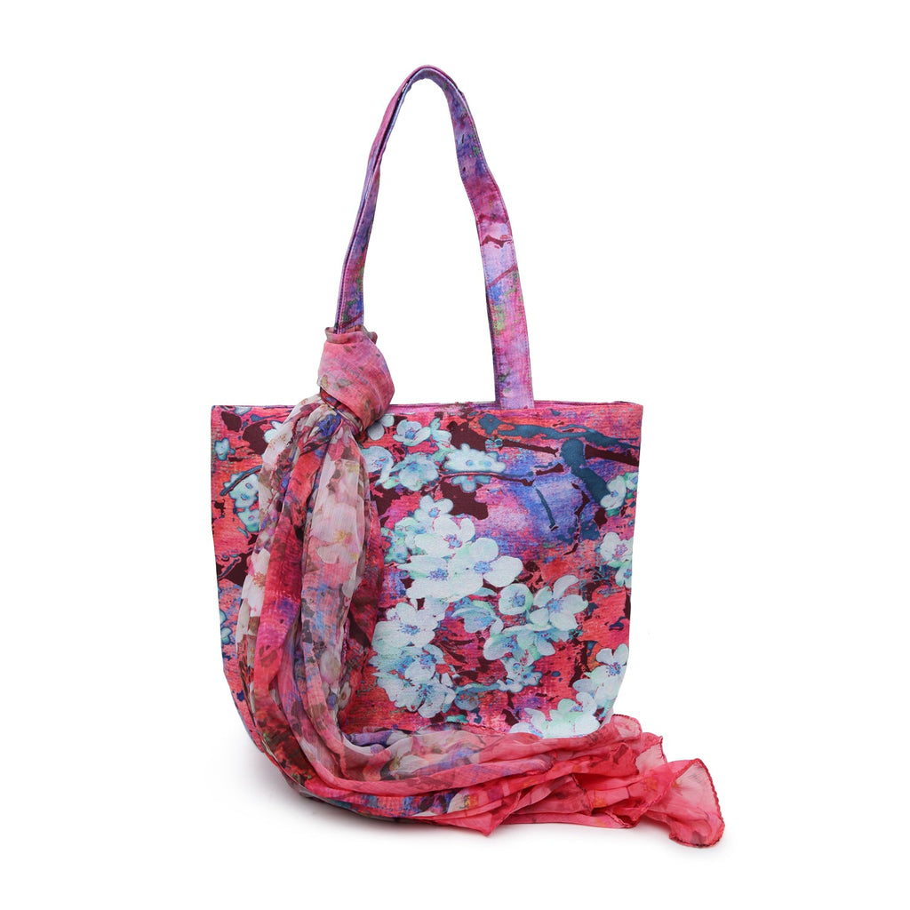 Petal Poetry - Blush Pink Floral Tote with Flowing Scarf