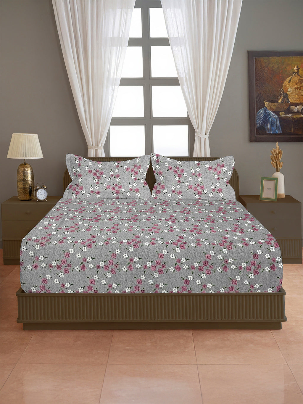 Grey Petite Blossom 144 TC Pure Cotton Bedsheet Set with Pillow Cover
