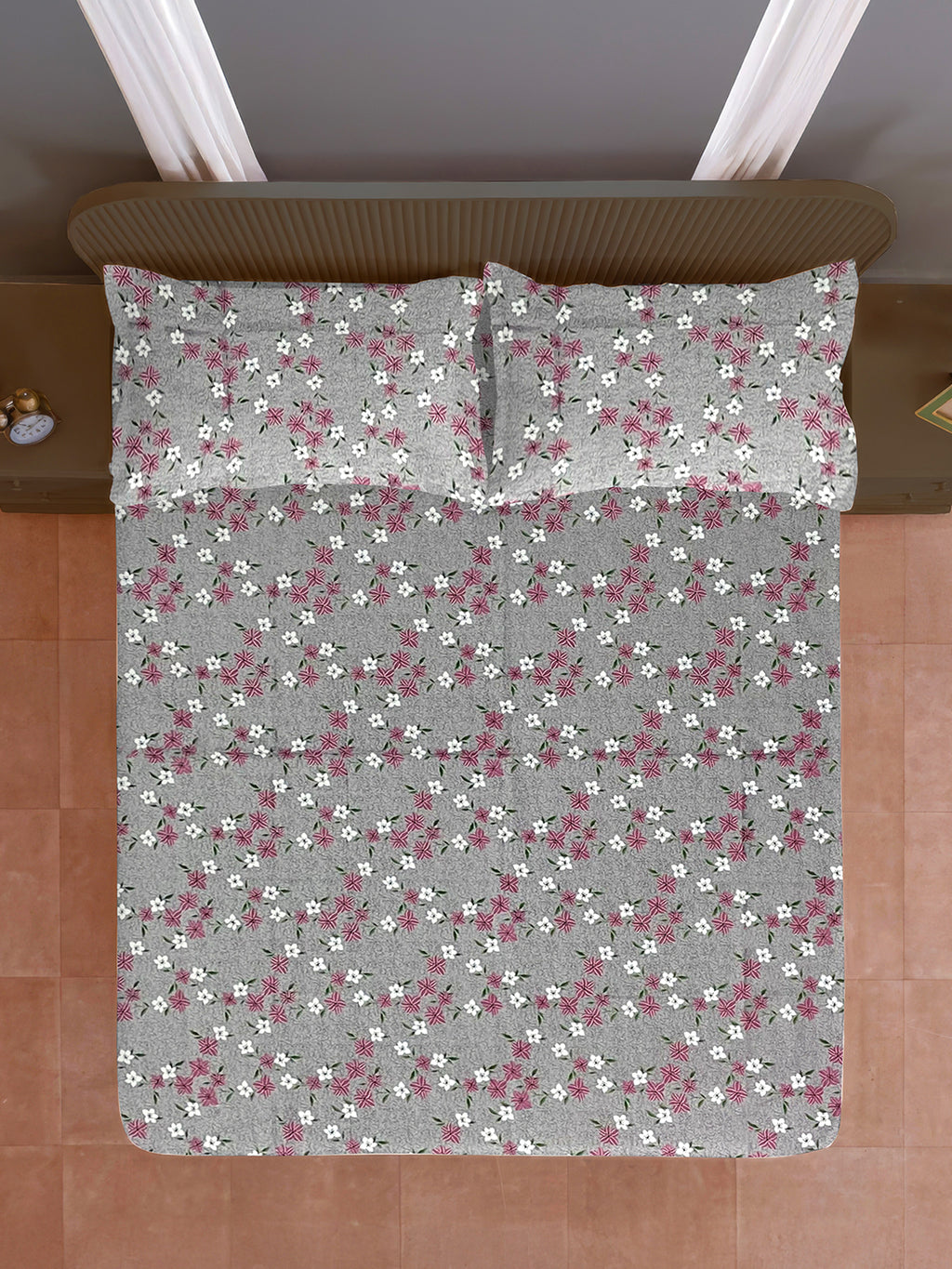 Grey Petite Blossom 144 TC Pure Cotton Bedsheet Set with Pillow Cover