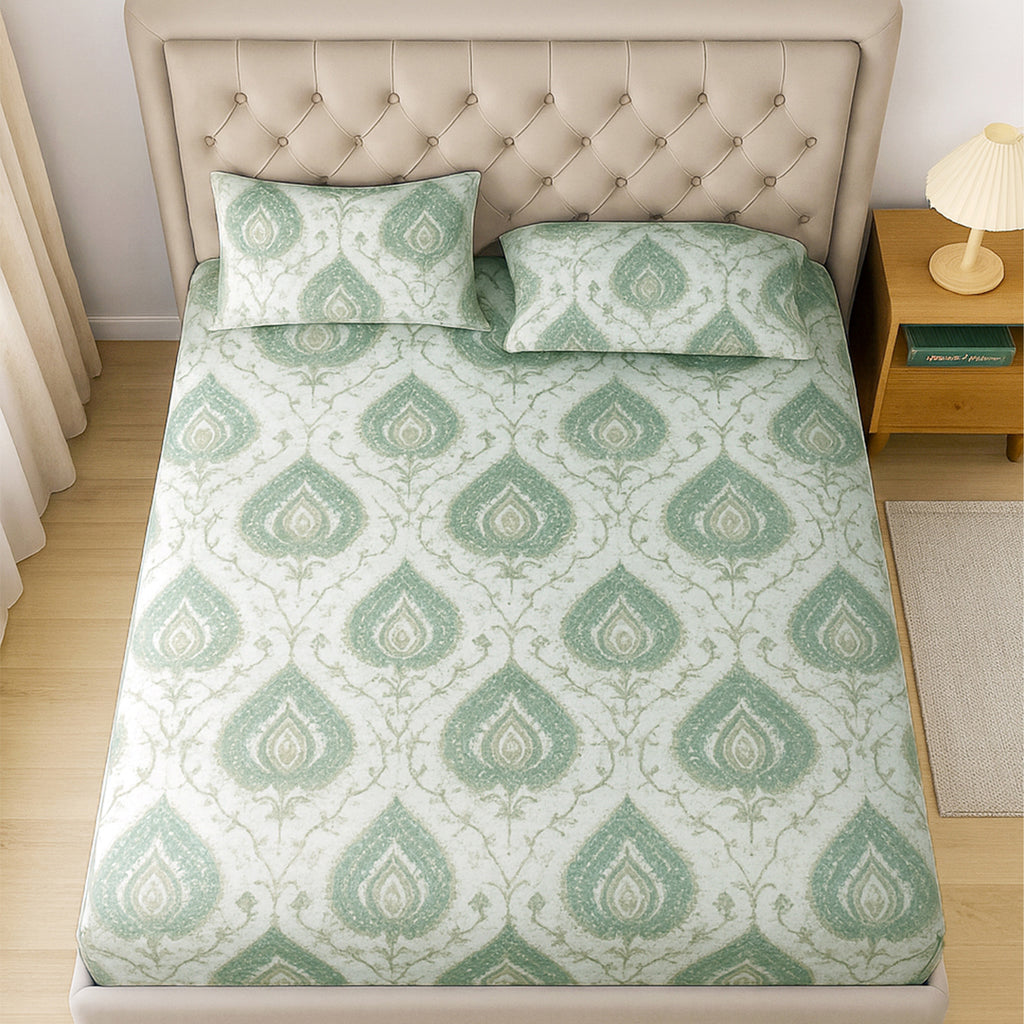 Sage Medallion Ivory 200 TC Blended Cotton Bedsheet Set with Pillow Cover