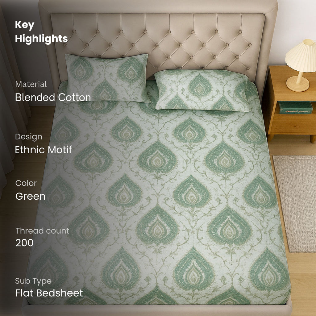 Sage Medallion Ivory 200 TC Blended Cotton Bedsheet Set with Pillow Cover