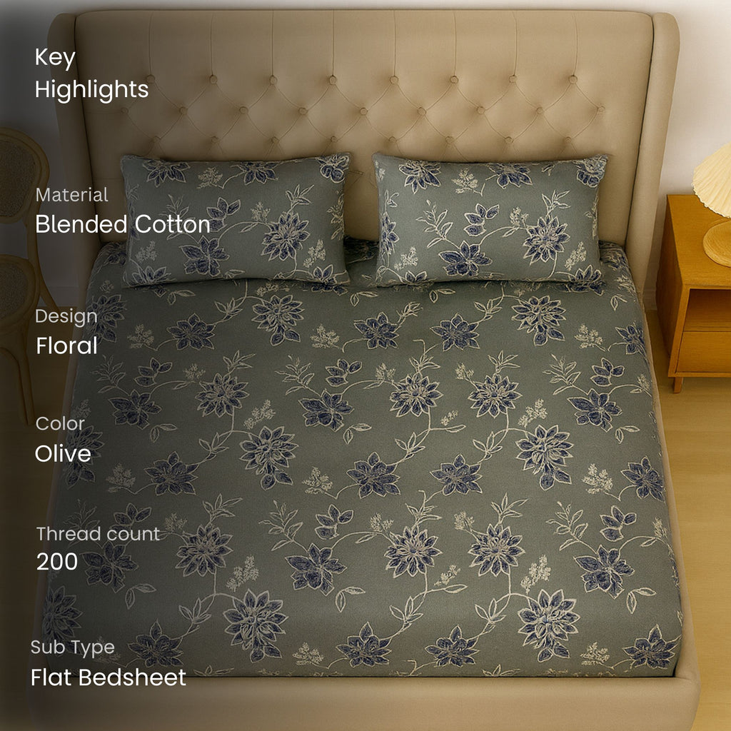 Midnight Flora Grey 200 TC Blended Cotton Bedsheet Set with Pillow Cover