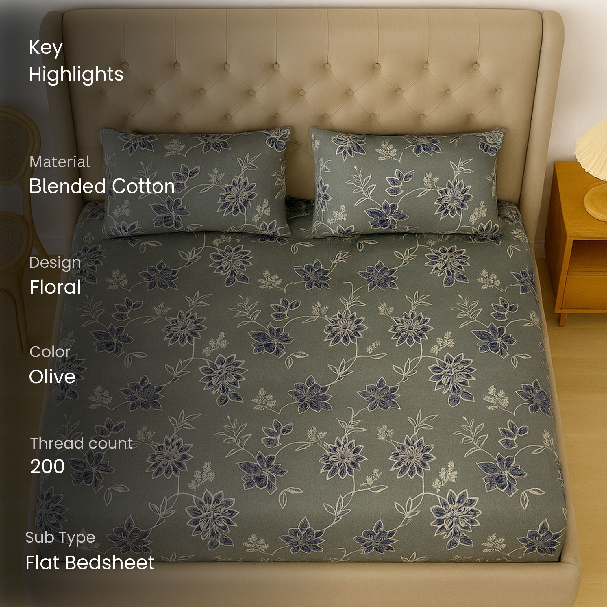Midnight Flora Grey 200 TC Blended Cotton Bedsheet Set with Pillow Cover