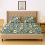 Golden Vine Teal 200 TC Blended Cotton Bedsheet Set with Pillow Cover