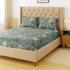 Golden Vine Teal 200 TC Blended Cotton Bedsheet Set with Pillow Cover