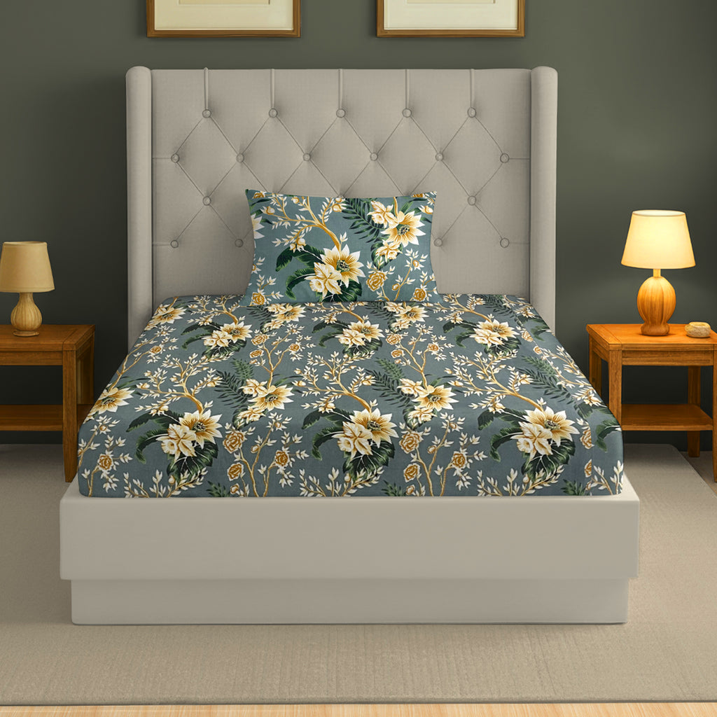 Golden Vine Teal 200 TC Blended Cotton Bedsheet Set with Pillow Cover