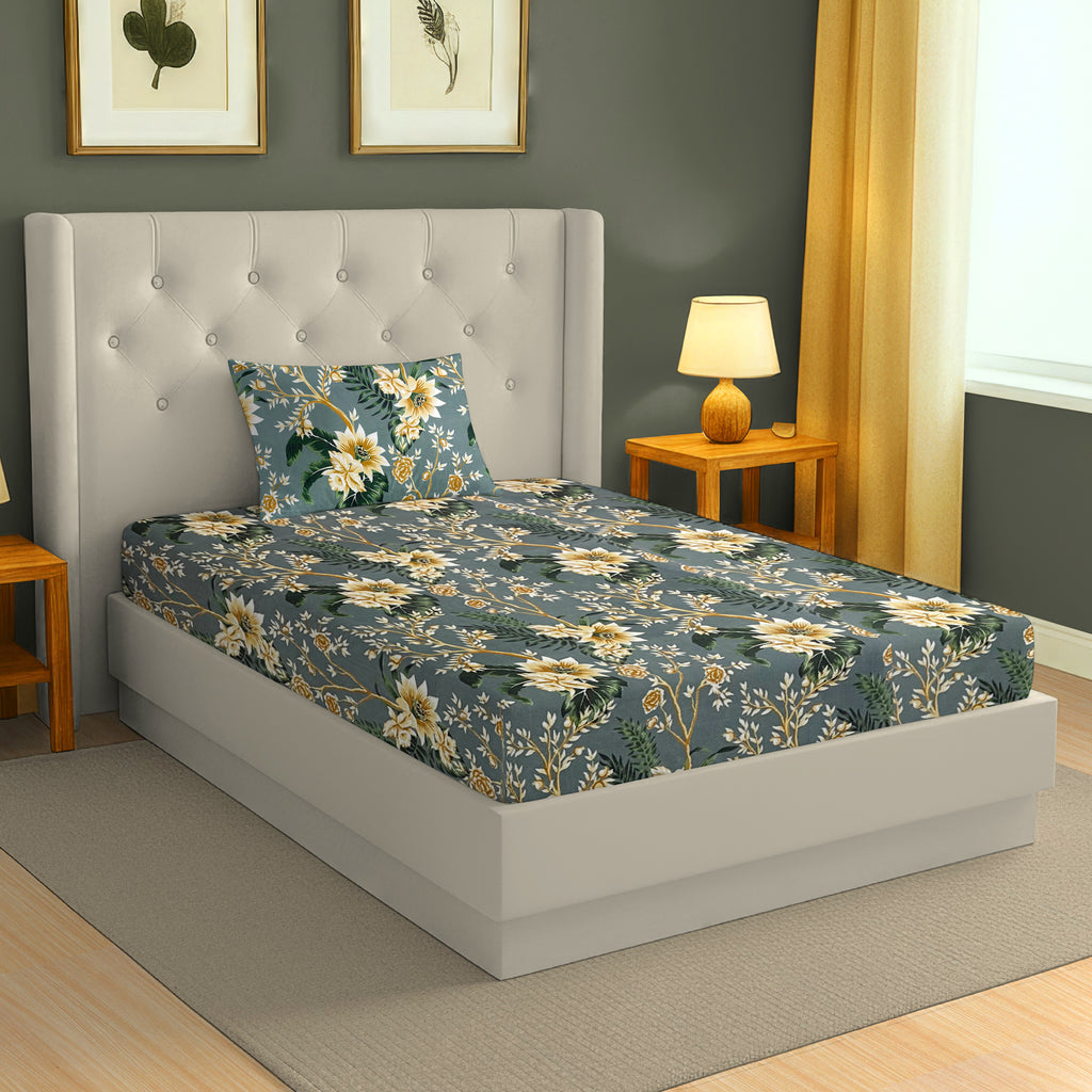 Golden Vine Teal 200 TC Blended Cotton Bedsheet Set with Pillow Cover