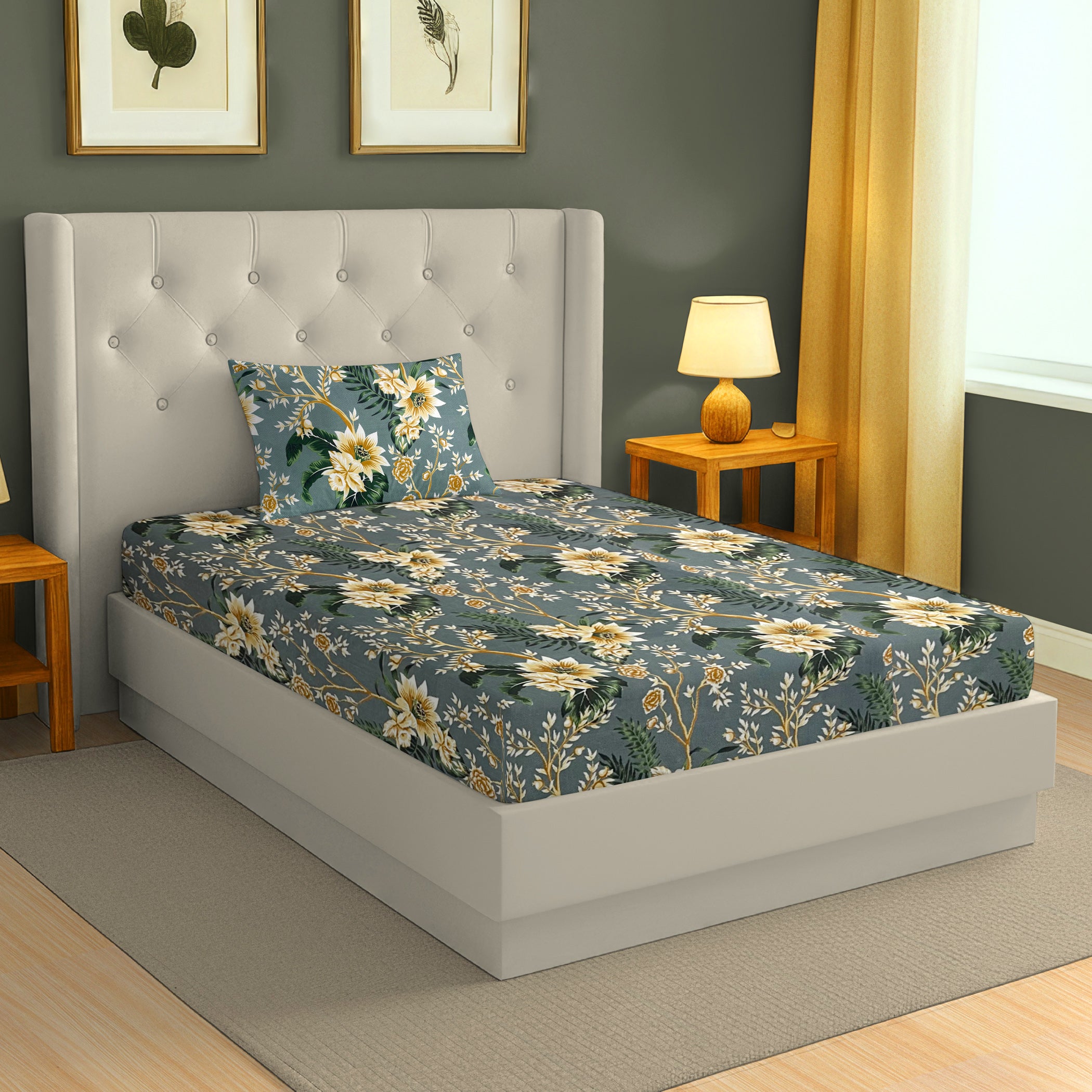 Golden Vine Teal 200 TC Blended Cotton Bedsheet Set with Pillow Cover