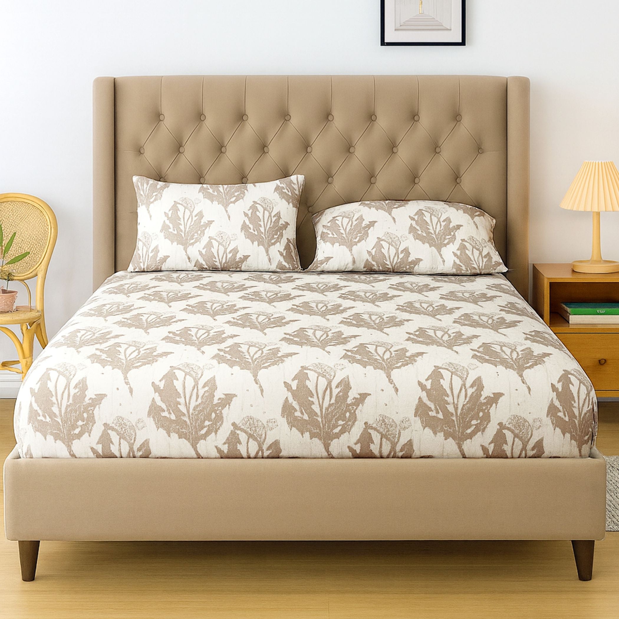 Earthy Botanical Ivory 200 TC Blended Cotton Bedsheet Set with Pillow Cover