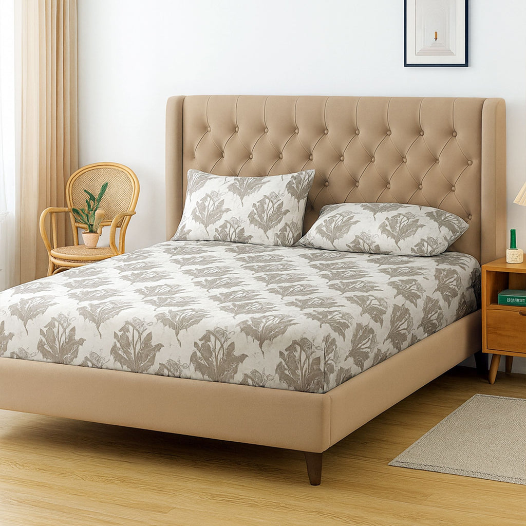 Earthy Botanical Ivory 200 TC Blended Cotton Bedsheet Set with Pillow Cover