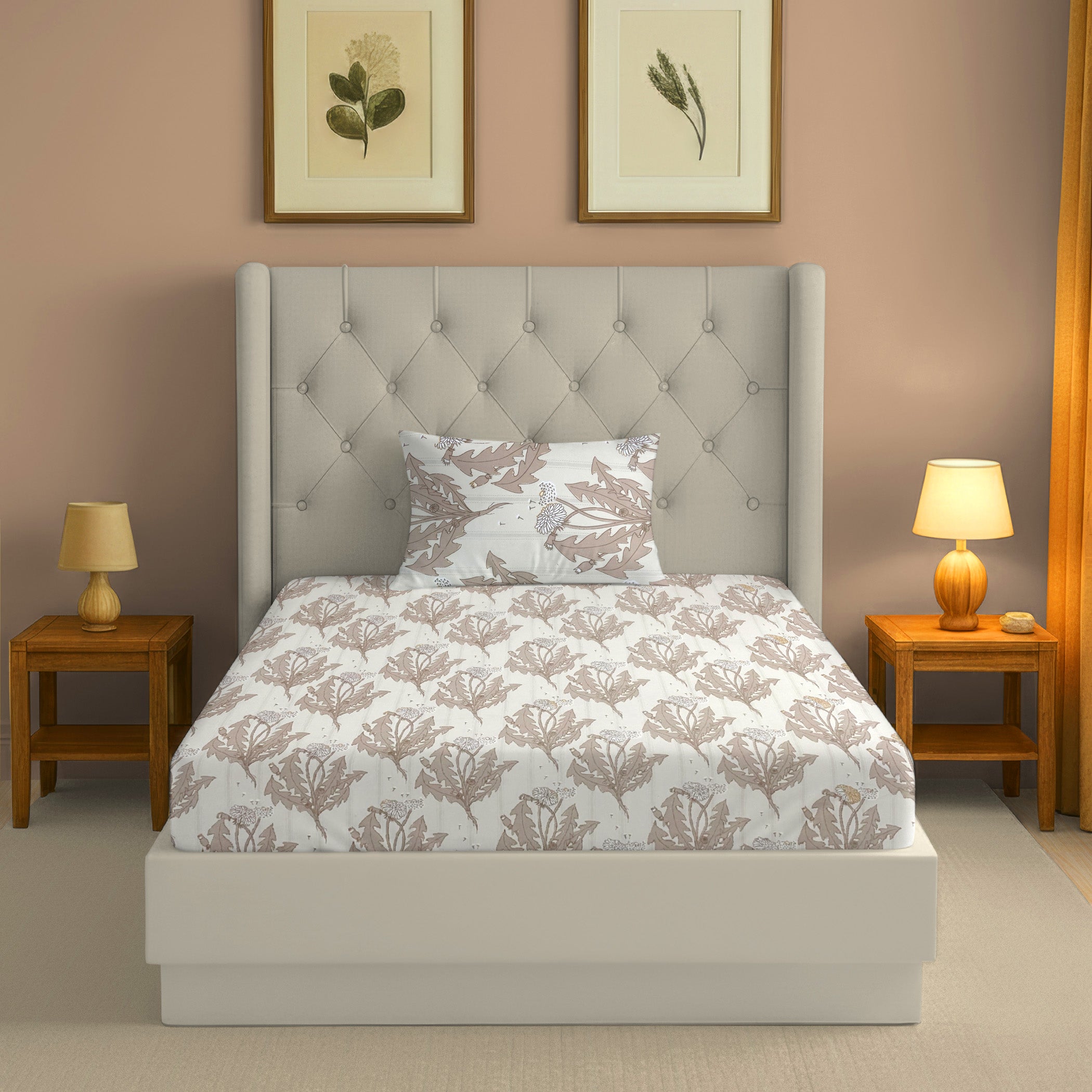 Earthy Botanical Ivory 200 TC Blended Cotton Bedsheet Set with Pillow Cover