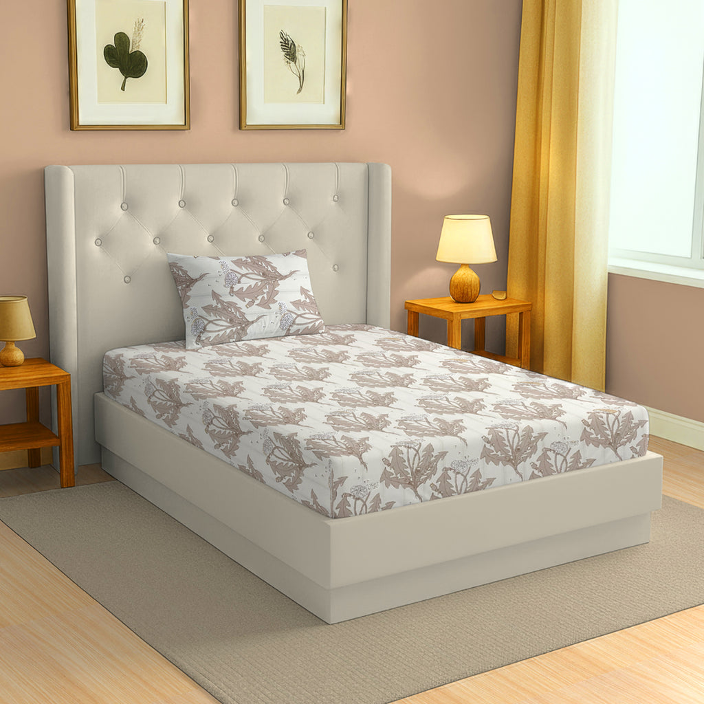 Earthy Botanical Ivory 200 TC Blended Cotton Bedsheet Set with Pillow Cover