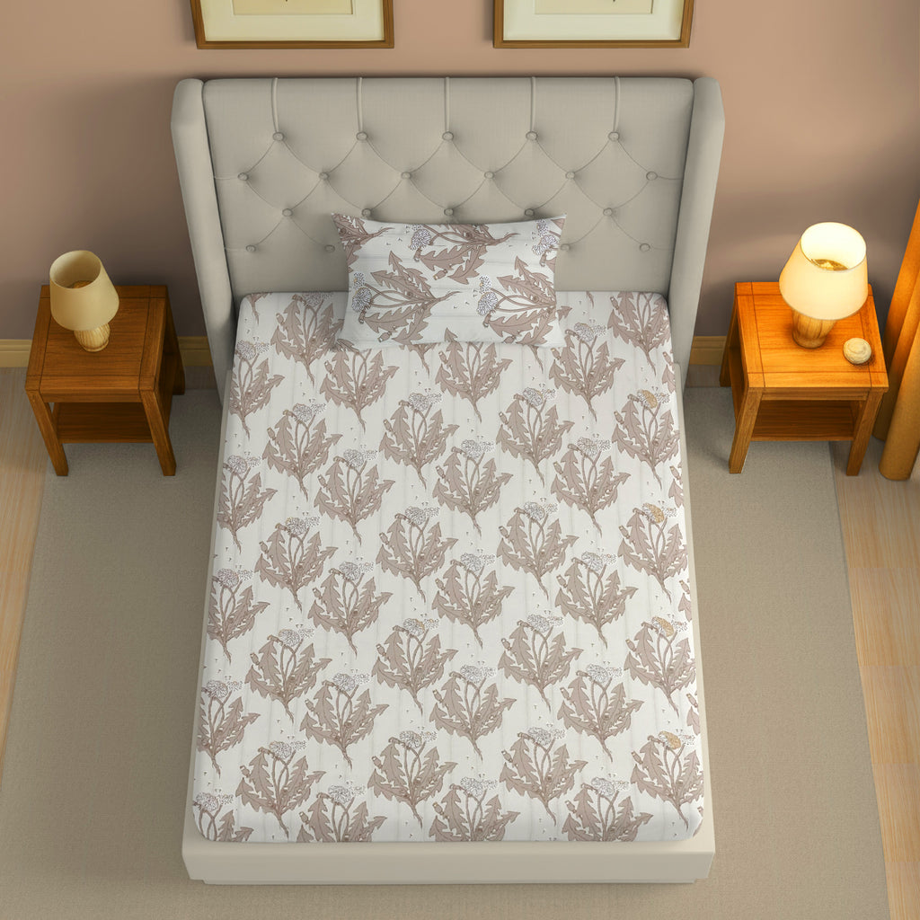 Earthy Botanical Ivory 200 TC Blended Cotton Bedsheet Set with Pillow Cover