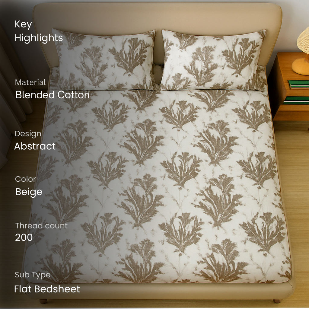 Earthy Botanical Ivory 200 TC Blended Cotton Bedsheet Set with Pillow Cover