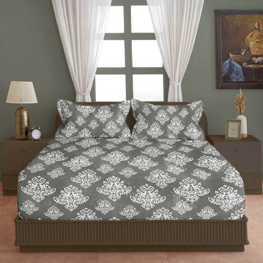 Silver Damask Grey 200 TC Blended Cotton Bedsheet Set with Pillow Cover