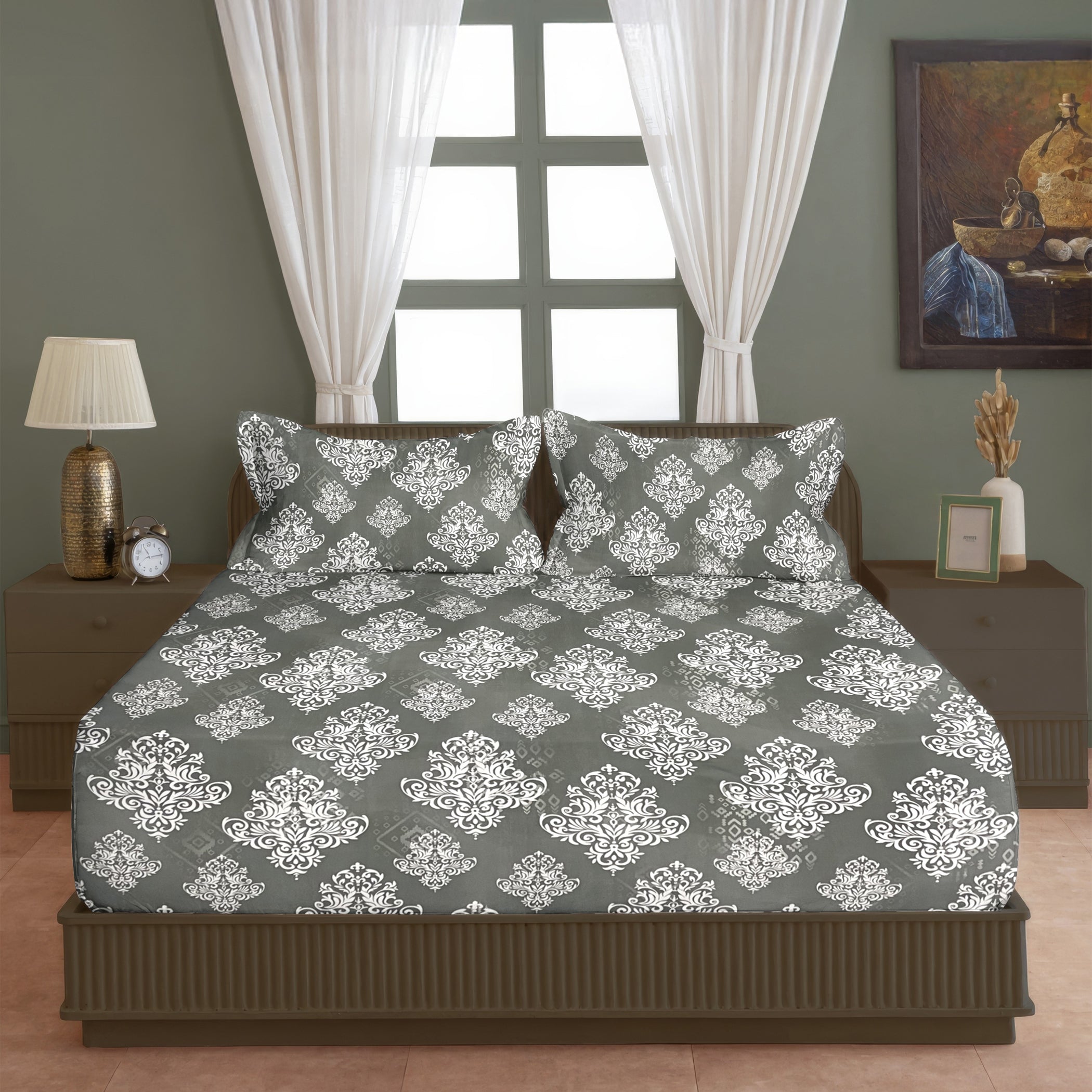 Silver Damask Grey 200 TC Blended Cotton Bedsheet Set with Pillow Cover