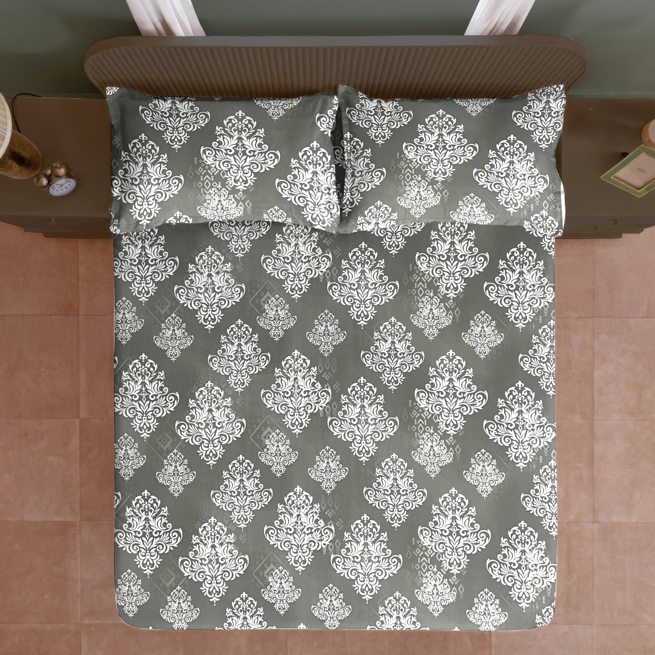 Silver Damask Grey 200 TC Blended Cotton Bedsheet Set with Pillow Cover