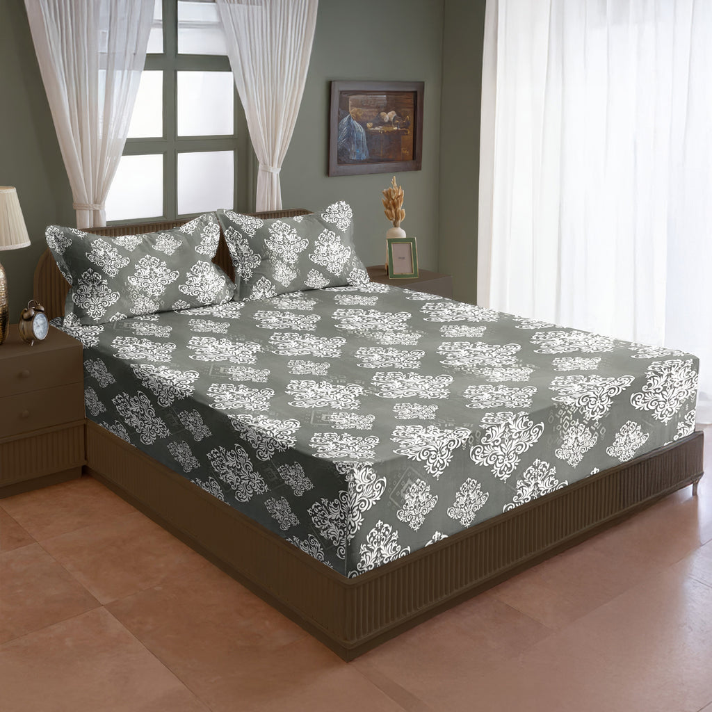 Silver Damask Grey 200 TC Blended Cotton Bedsheet Set with Pillow Cover