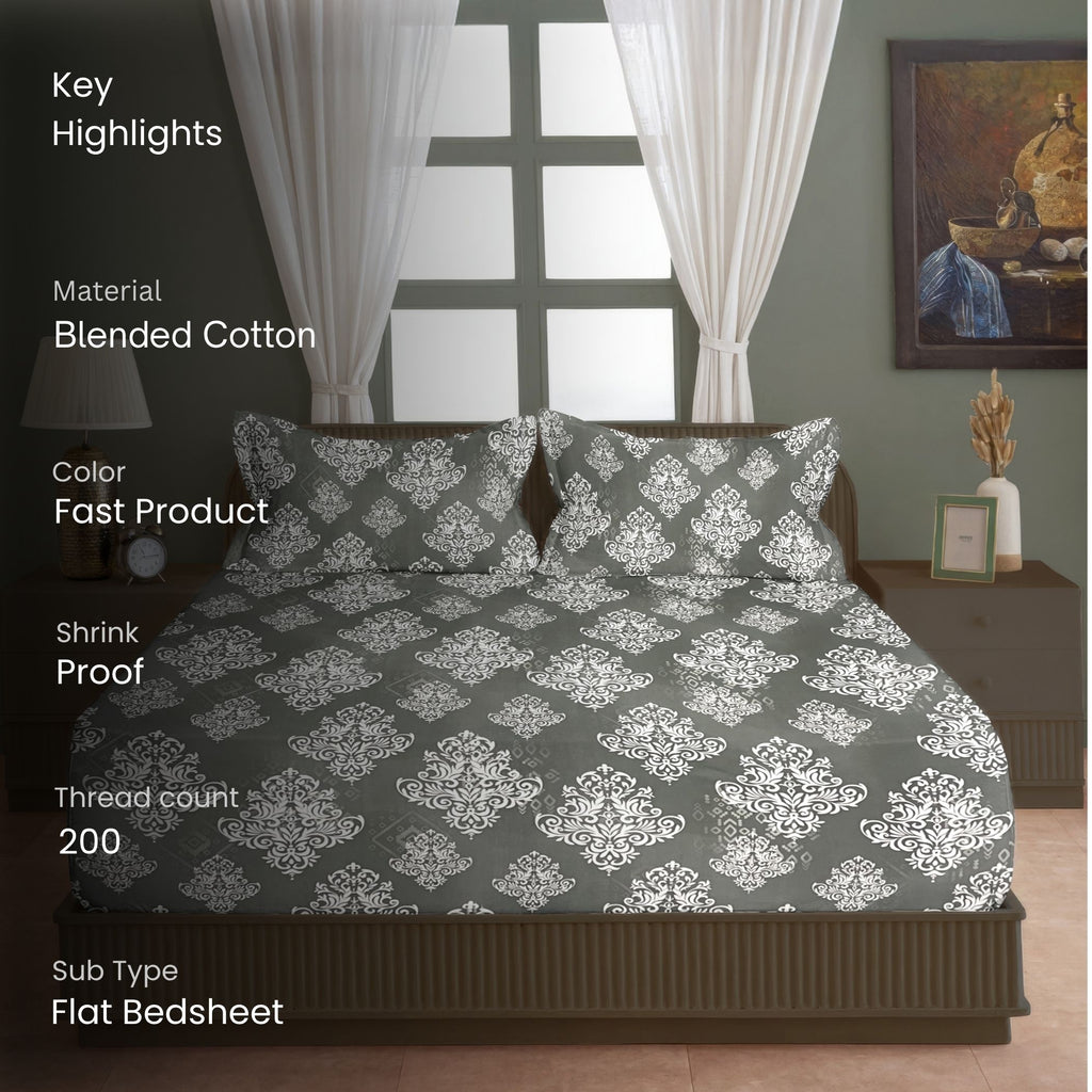 Silver Damask Grey 200 TC Blended Cotton Bedsheet Set with Pillow Cover
