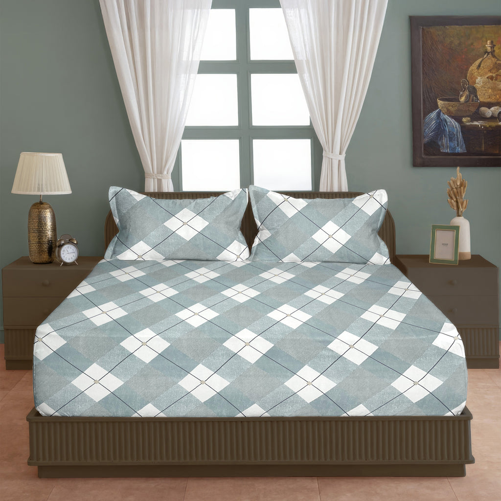 Sage Argyle 200 TC Blended Cotton Bedsheet Set with Pillow Cover